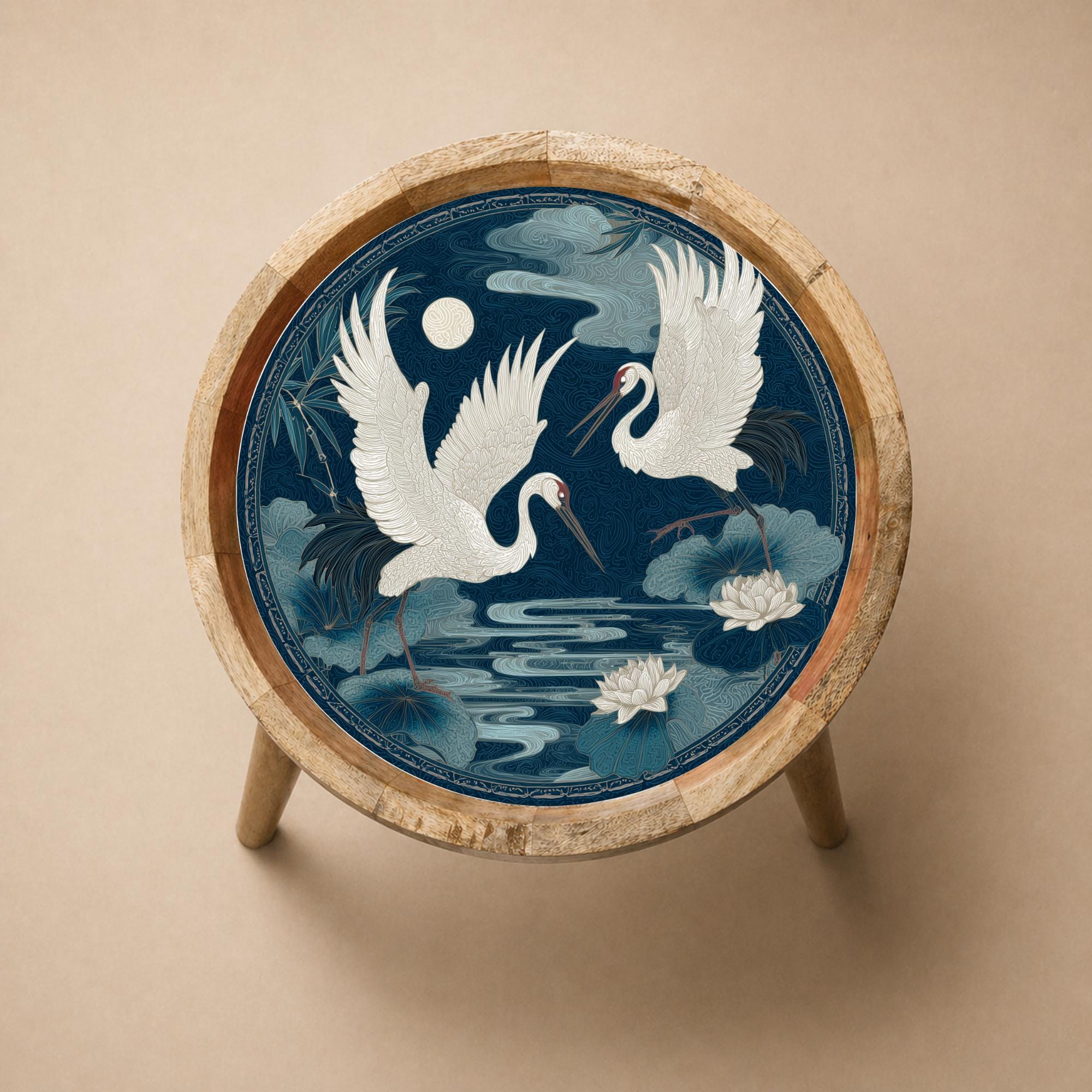 Crane Bird Mango Wood Side Table | Japanese Art Accent Furniture