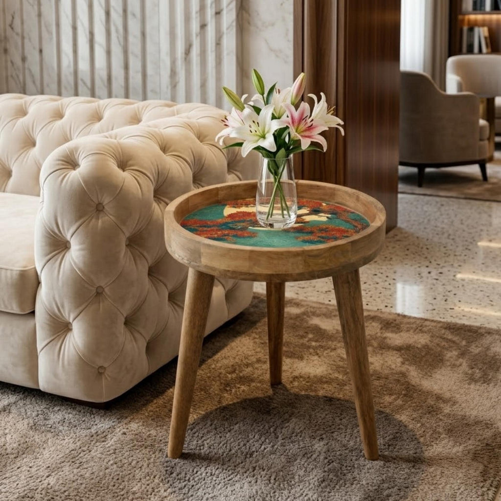 Handmade Mango Wood Side Table | Autumn Tree Japanese Nature Print Accent Furniture