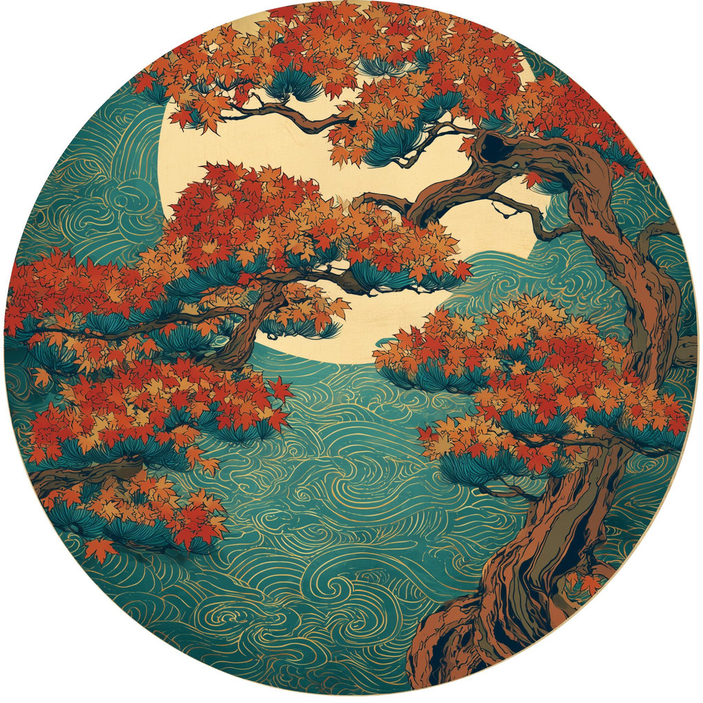 Handmade Mango Wood Side Table | Autumn Tree Japanese Nature Print Accent Furniture