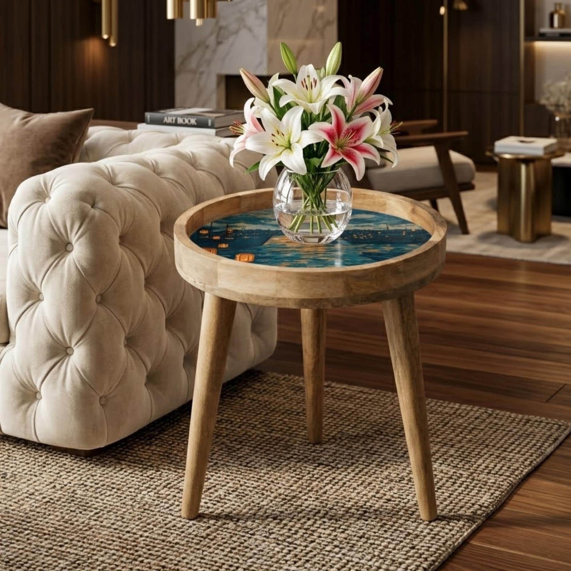 Mango Wood Side Table | Moonlight Harbor Print, Coastal Night Accent Furniture