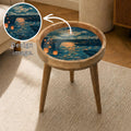 Mango Wood Side Table | Moonlight Harbor Print, Coastal Night Accent Furniture