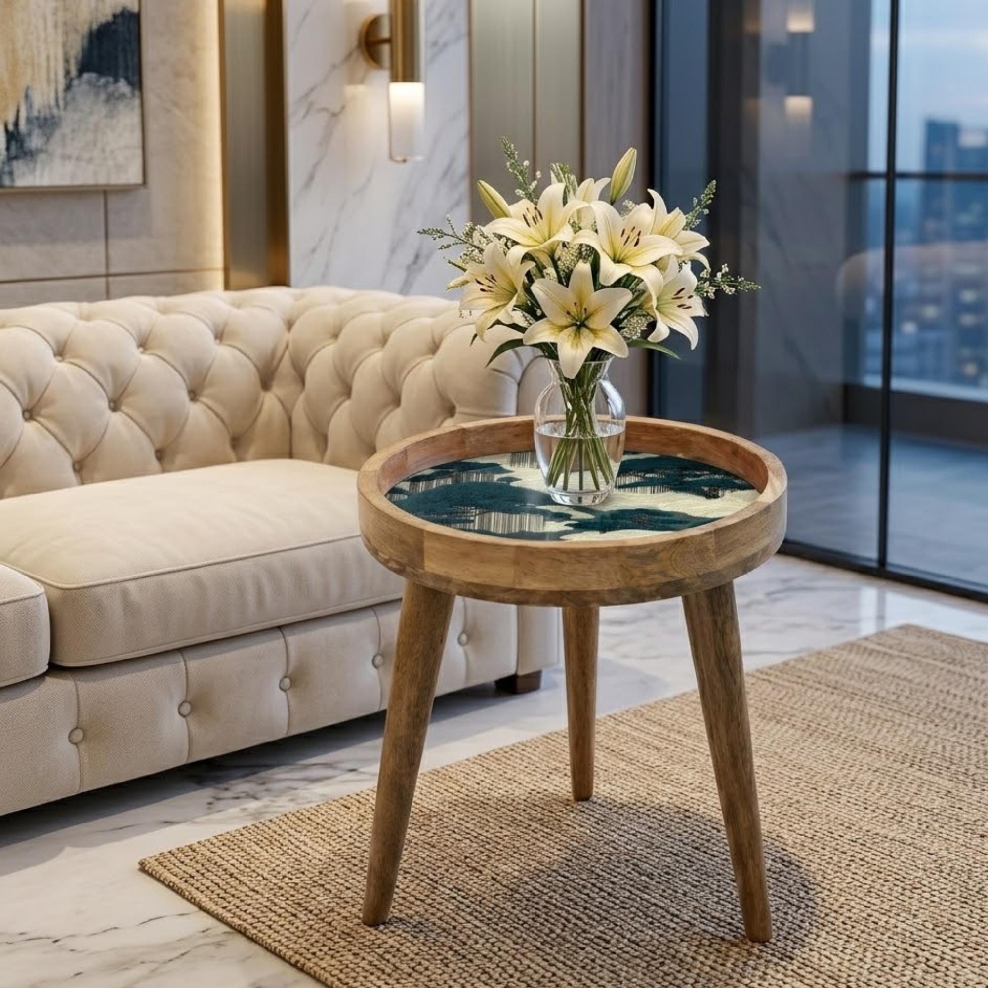 Japanese Cloud Forest Mango Wood Side Table | Handmade Japandi Nature Accent Furniture