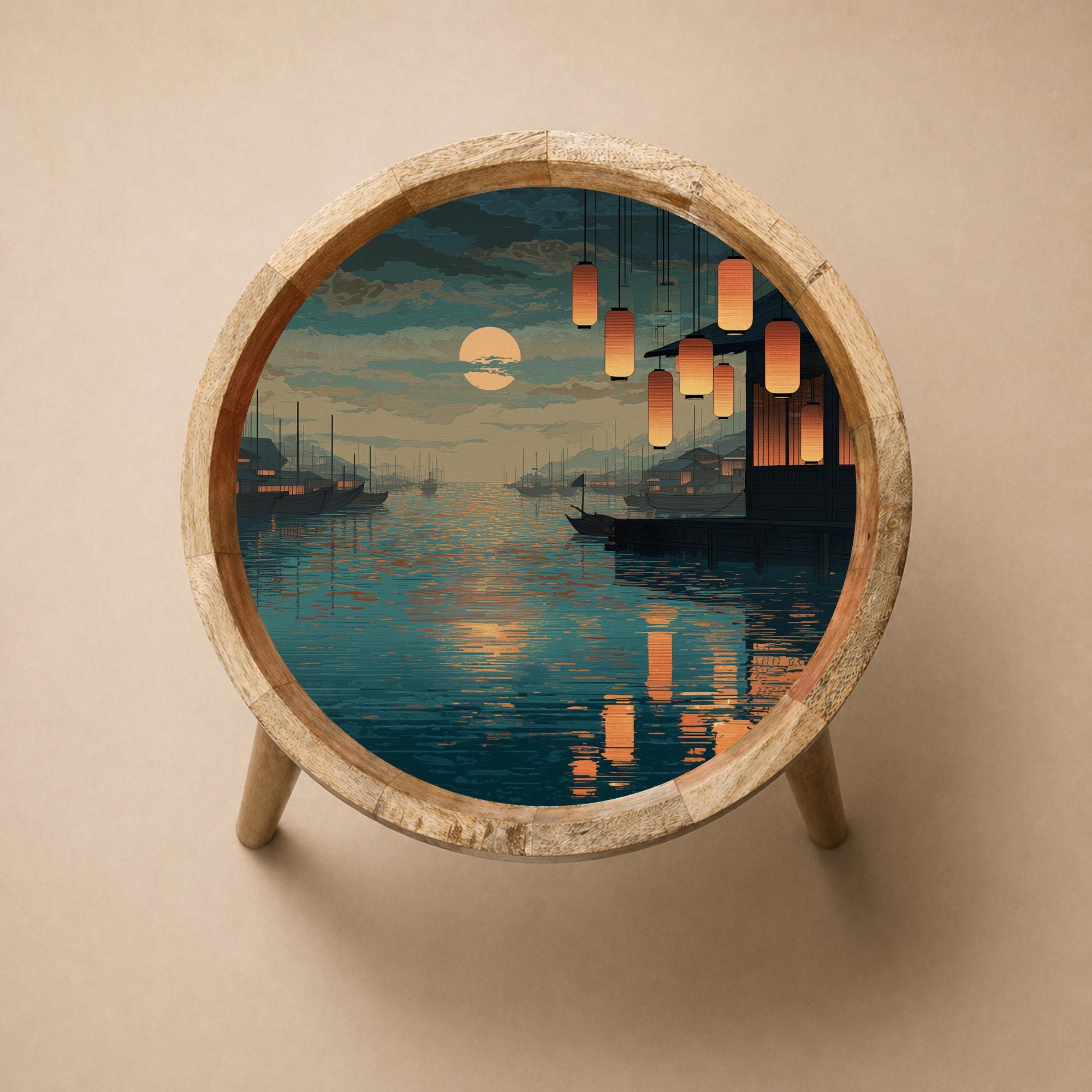 Japanese Lantern Harbor Mango Wood Side Table | Handmade Coastal Accent Furniture
