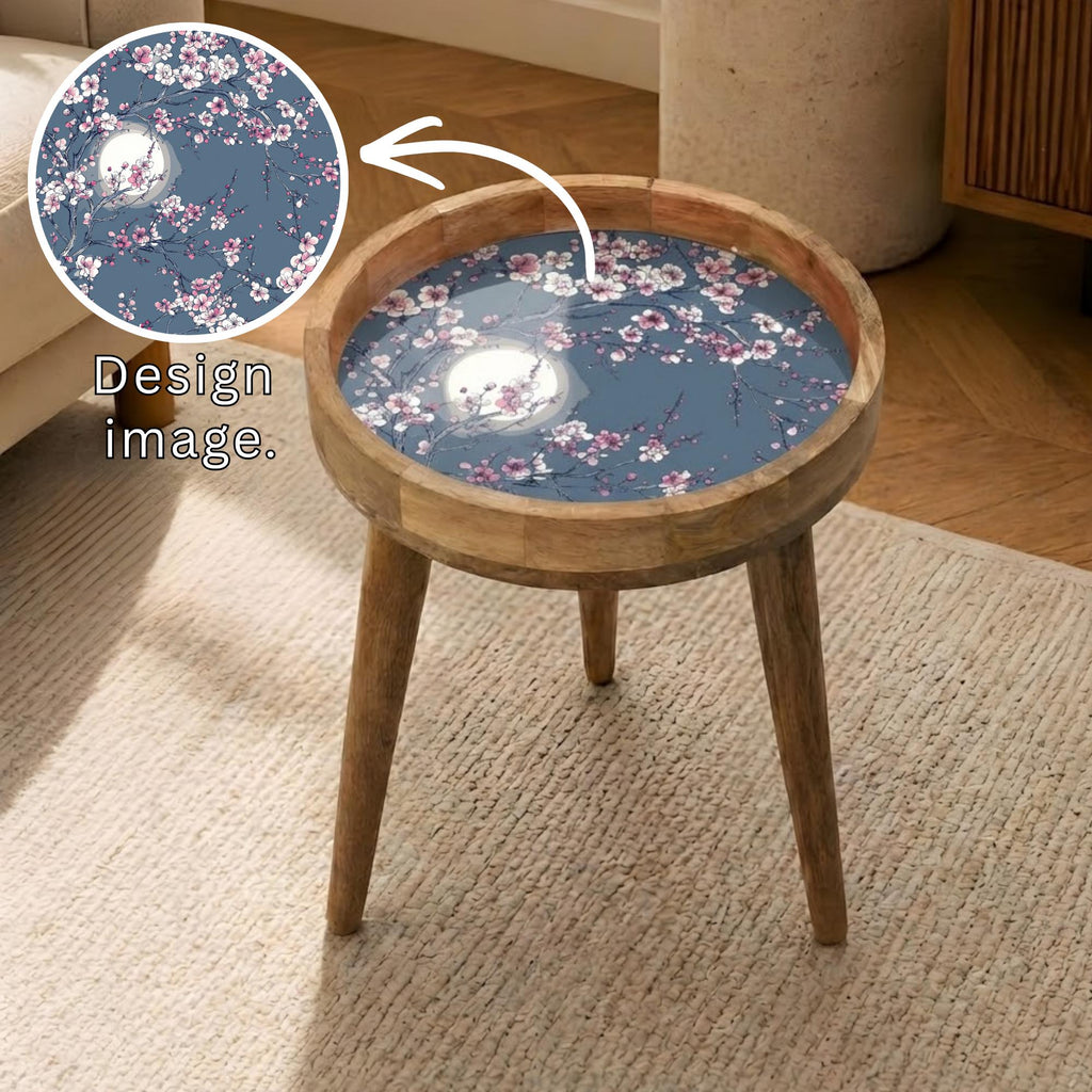 Cherry Blossom Moon Mango Wood Side Table | Handmade Japanese Floral Nightstand