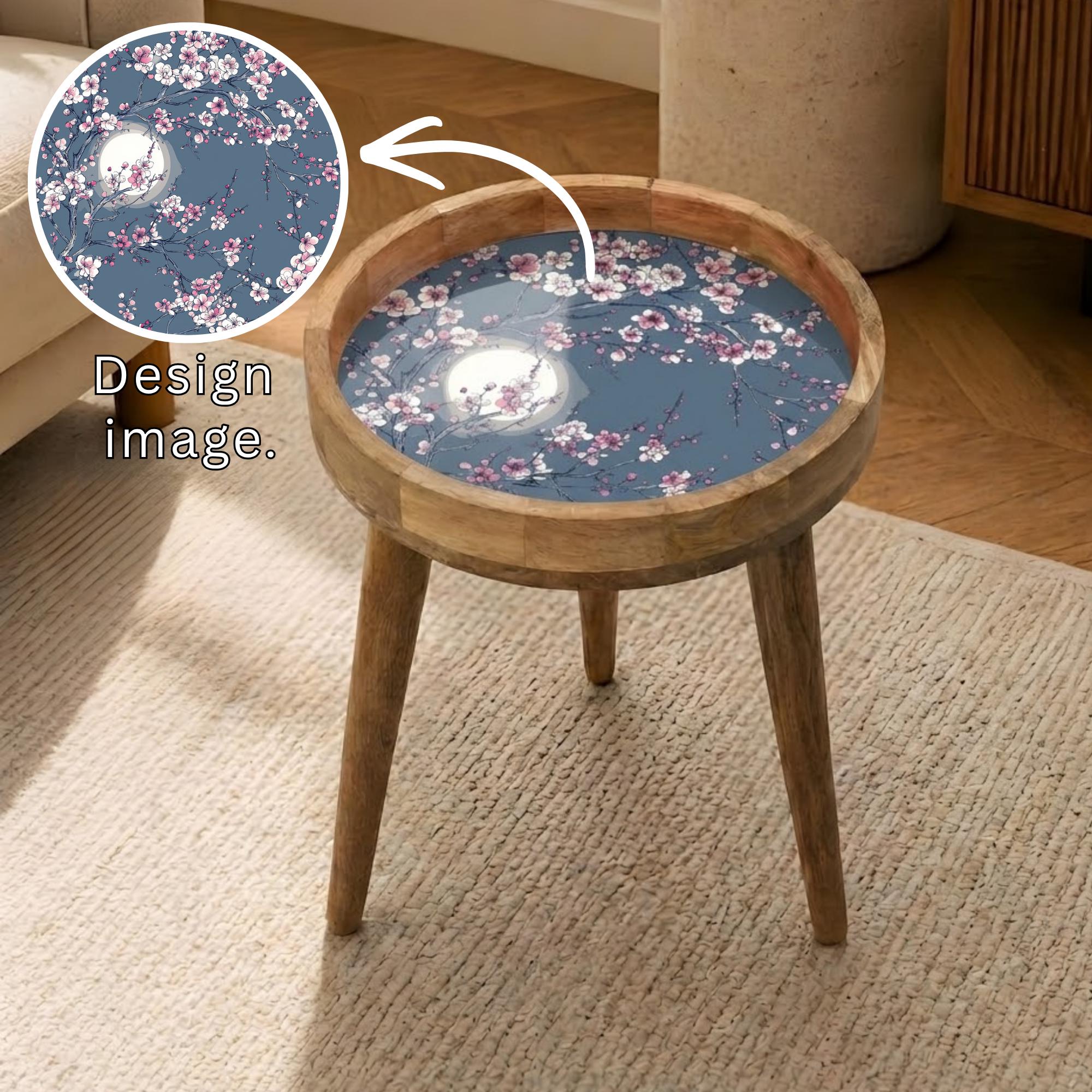 Cherry Blossom Moon Mango Wood Side Table | Handmade Japanese Floral Nightstand