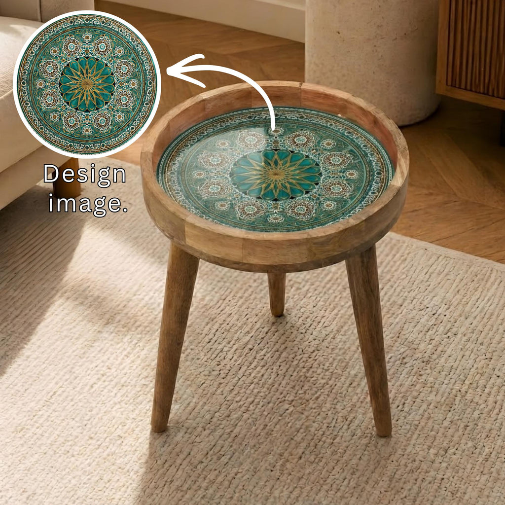 Bohemian Mandala Mango Wood Side Table | Handmade Moroccan Floral Accent Furniture
