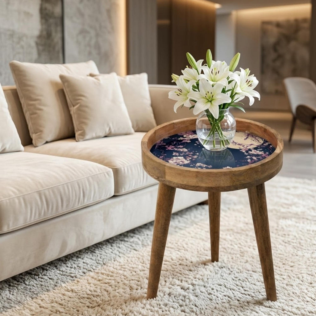 Moonlit Sakura Mango Wood Side Table | Handmade Japanese Floral Nightstand Furniture