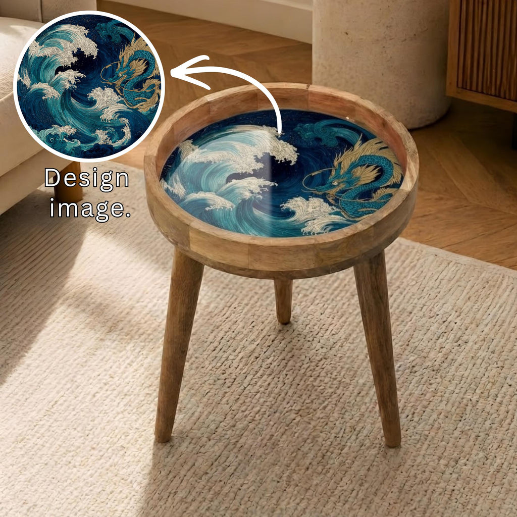 Japanese Dragon Wave Mango Wood Side Table | Handmade Ocean Accent Furniture