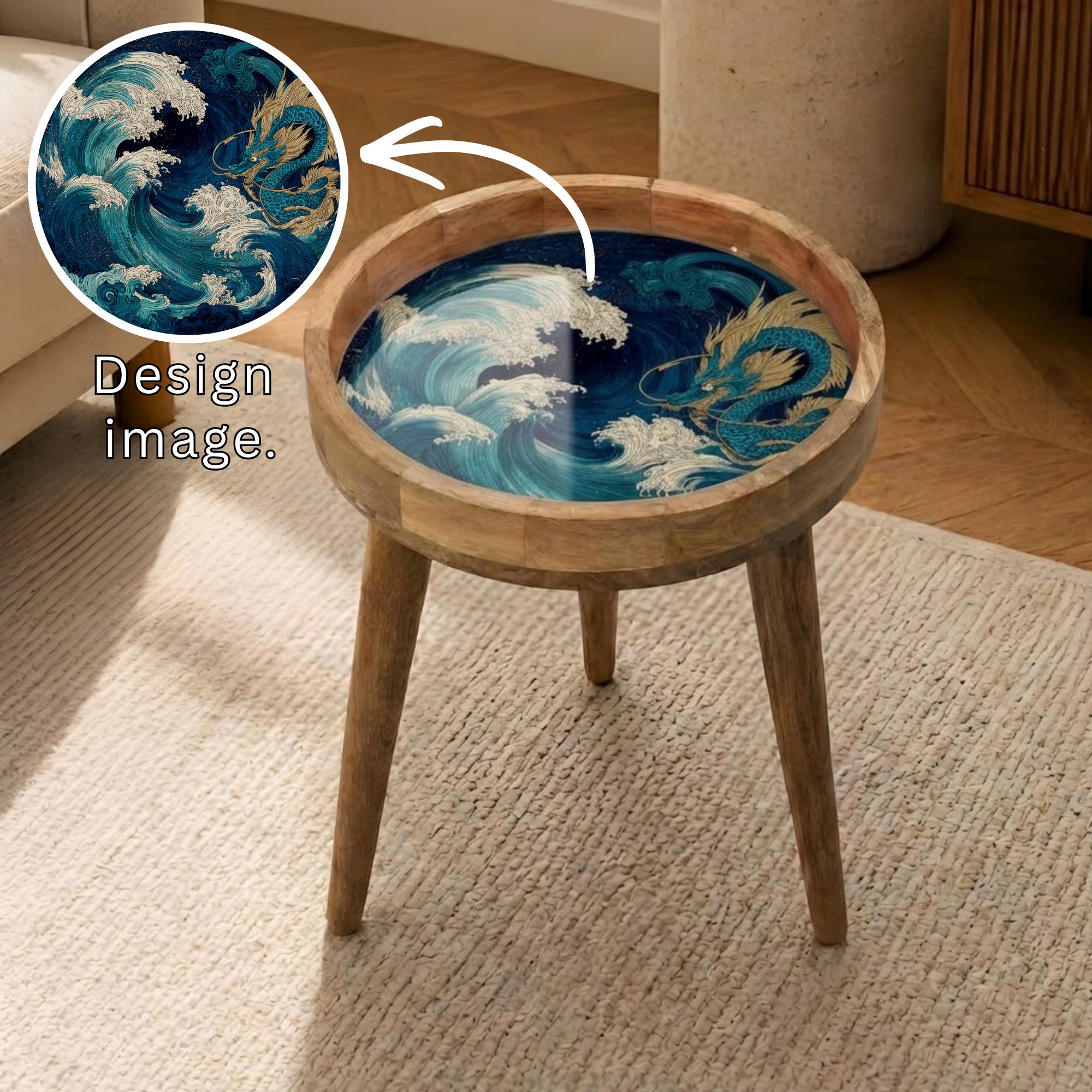 Japanese Dragon Wave Mango Wood Side Table | Handmade Ocean Accent Furniture
