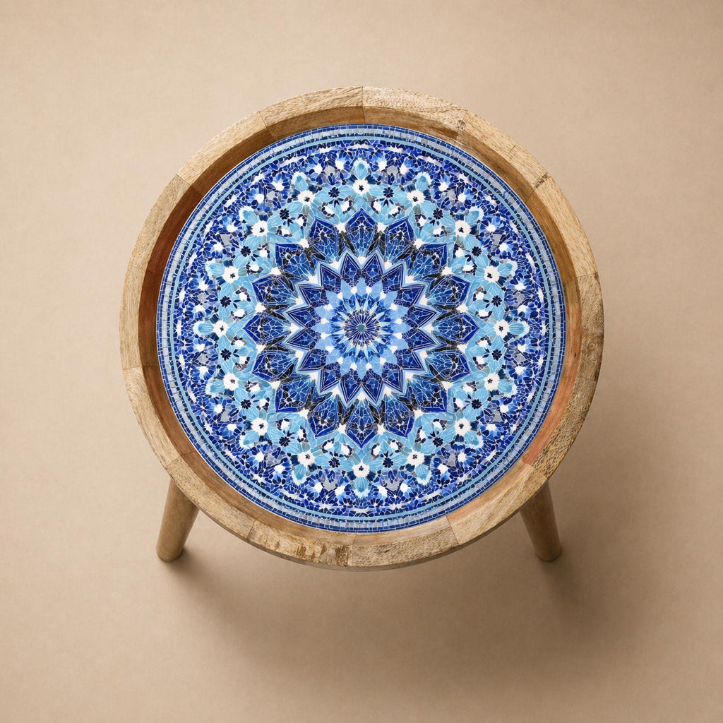 Blue Mandala Mango Wood Side Table | Handmade Boho Moroccan Accent Furniture