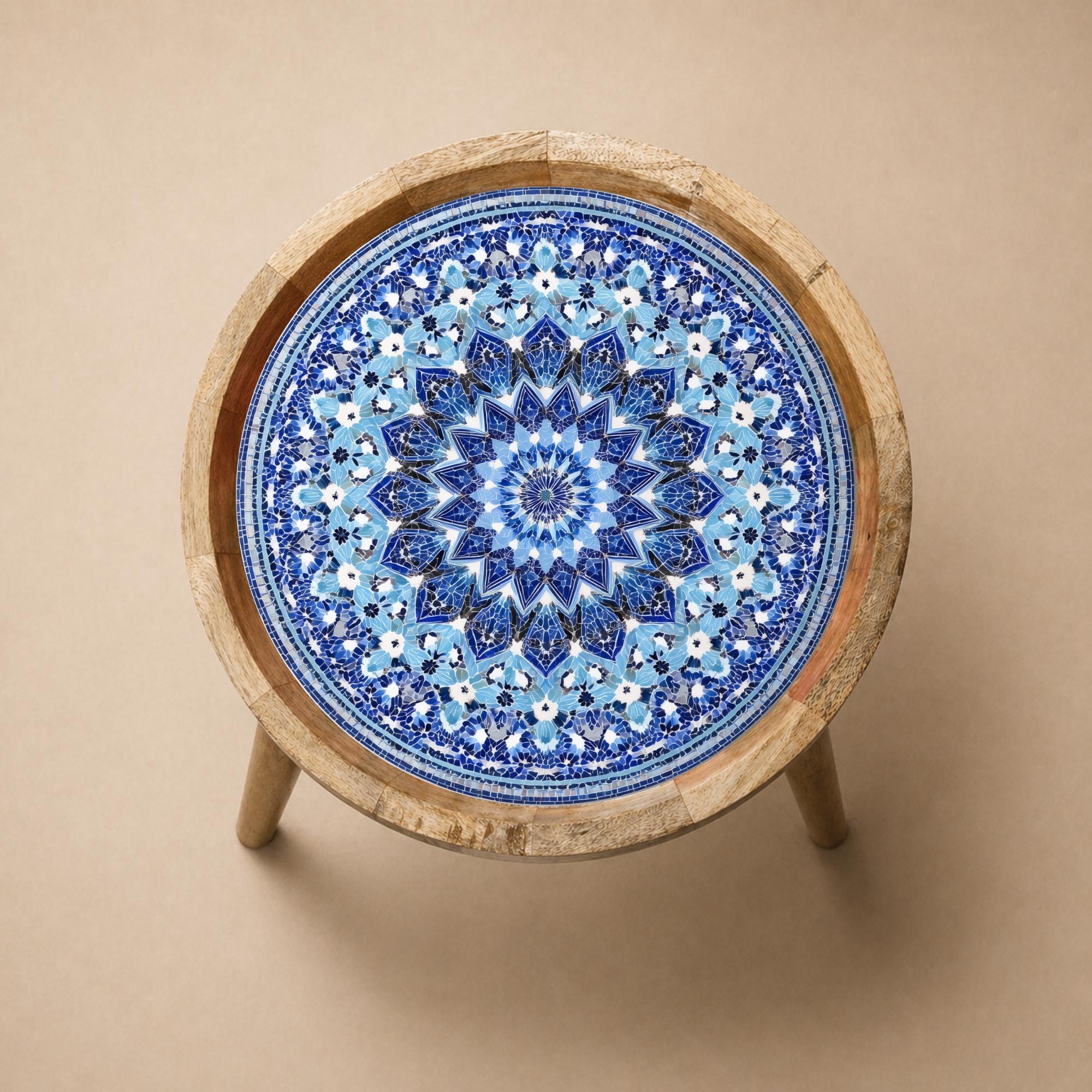 Blue Mandala Mango Wood Side Table | Handmade Boho Moroccan Accent Furniture