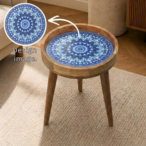 Blue Mandala Mango Wood Side Table | Handmade Boho Moroccan Accent Furniture