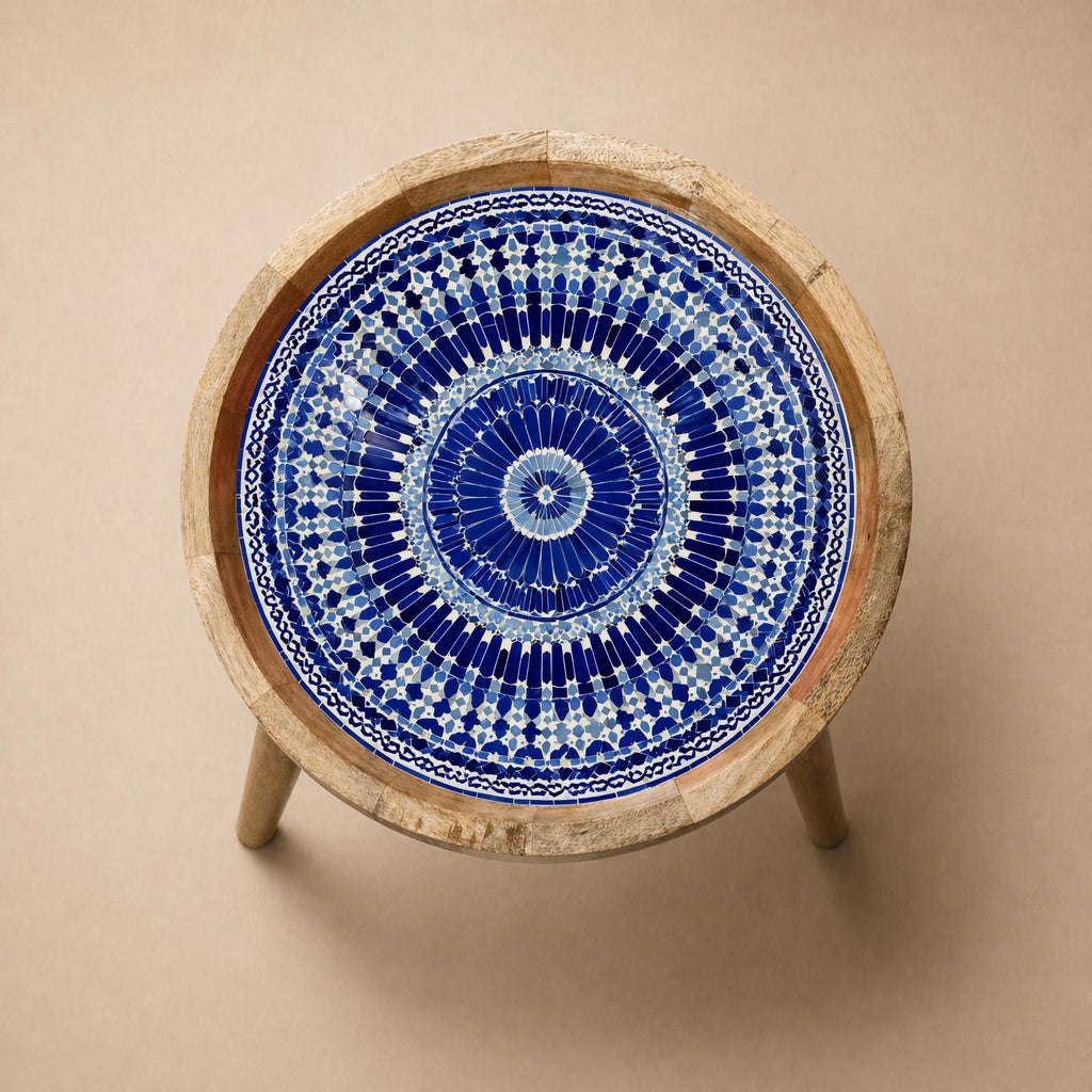 Blue Moroccan Mandala Side Table | Handmade Mango Wood Boho Accent Furniture