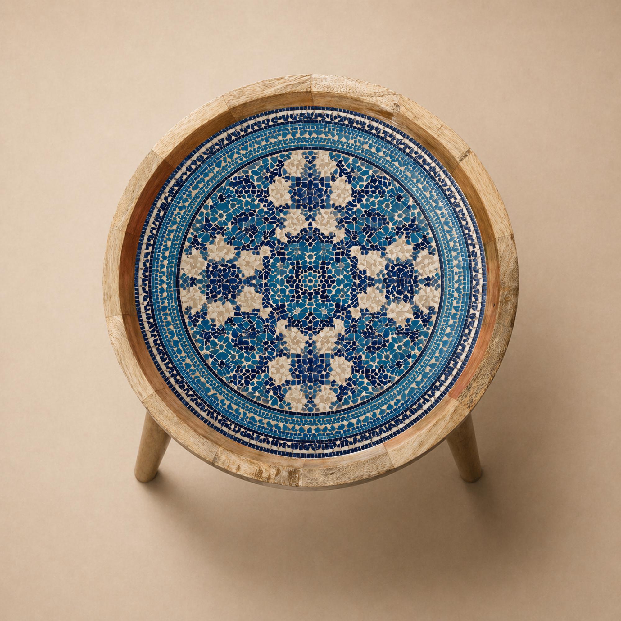 Handmade Mango Wood Side Table | Blue Moroccan Mosaic Print, Boho Accent Furniture