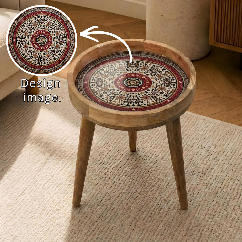 Red Moroccan Mango Wood Side Table | Handmade Mosaic Mandala Accent Furniture
