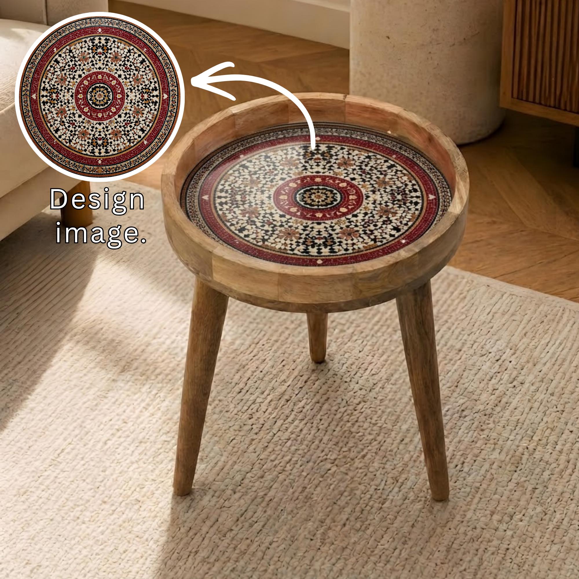 Red Moroccan Mango Wood Side Table | Handmade Mosaic Mandala Accent Furniture