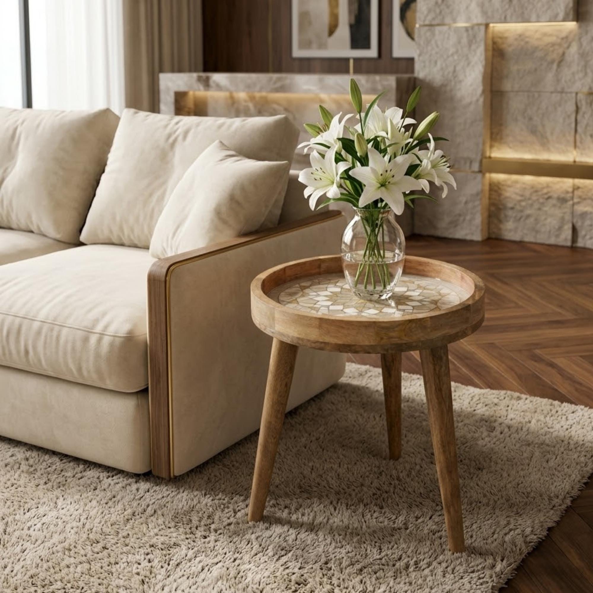 Handmade Mango Wood Side Table | Neutral Moroccan Geometric Print Boho Decor