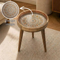 Handmade Mango Wood Side Table | Moroccan Mandala Print, Boho Rustic Accent Furniture