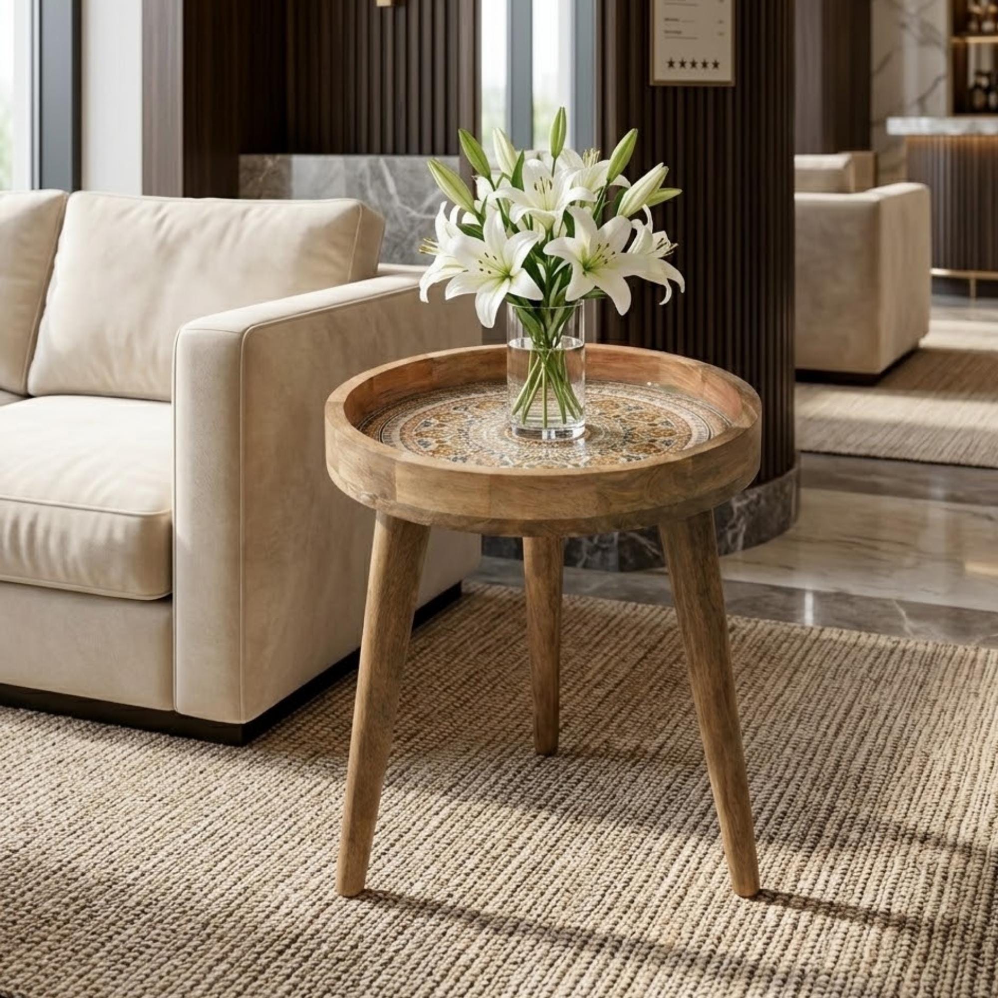 Handmade Mango Wood Side Table | Moroccan Mandala Print, Boho Rustic Accent Furniture