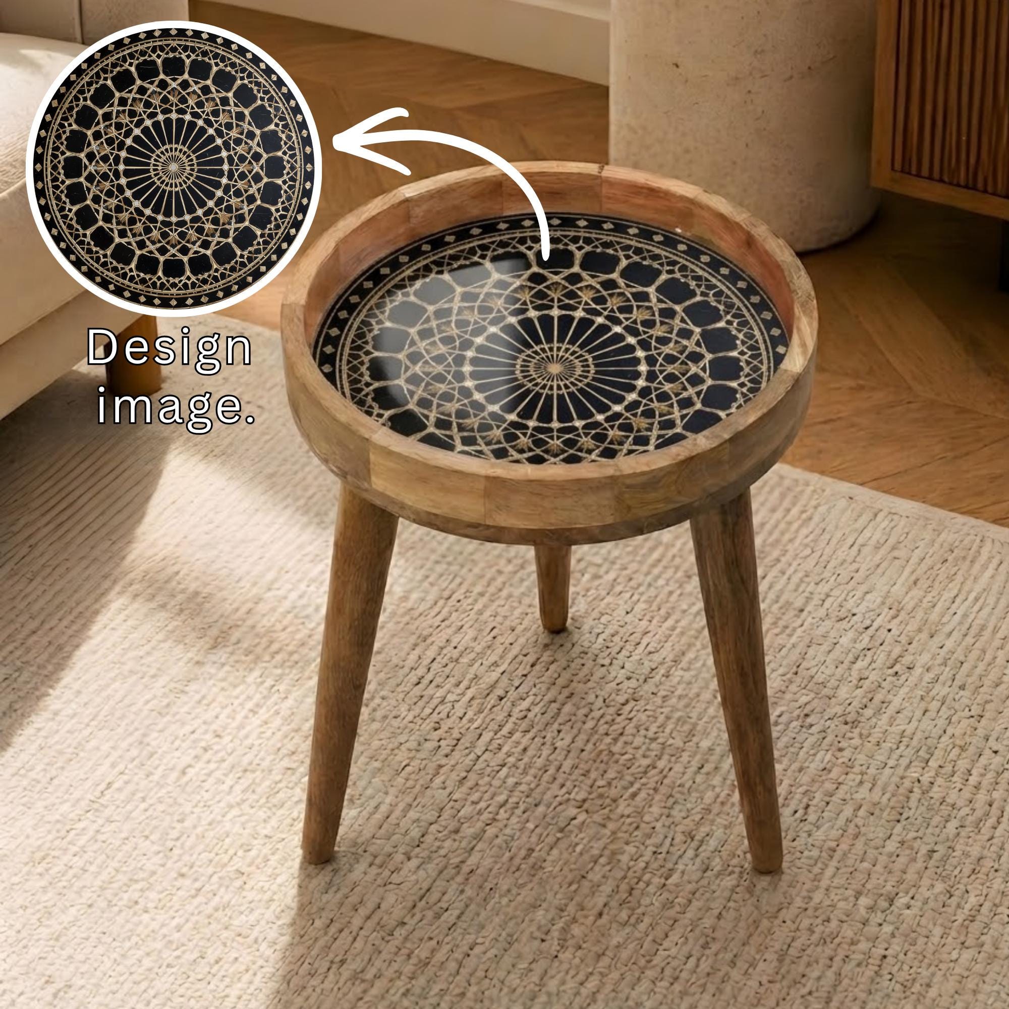 Handmade Mango Wood Side Table | Black Moroccan Mandala Boho Accent Furniture