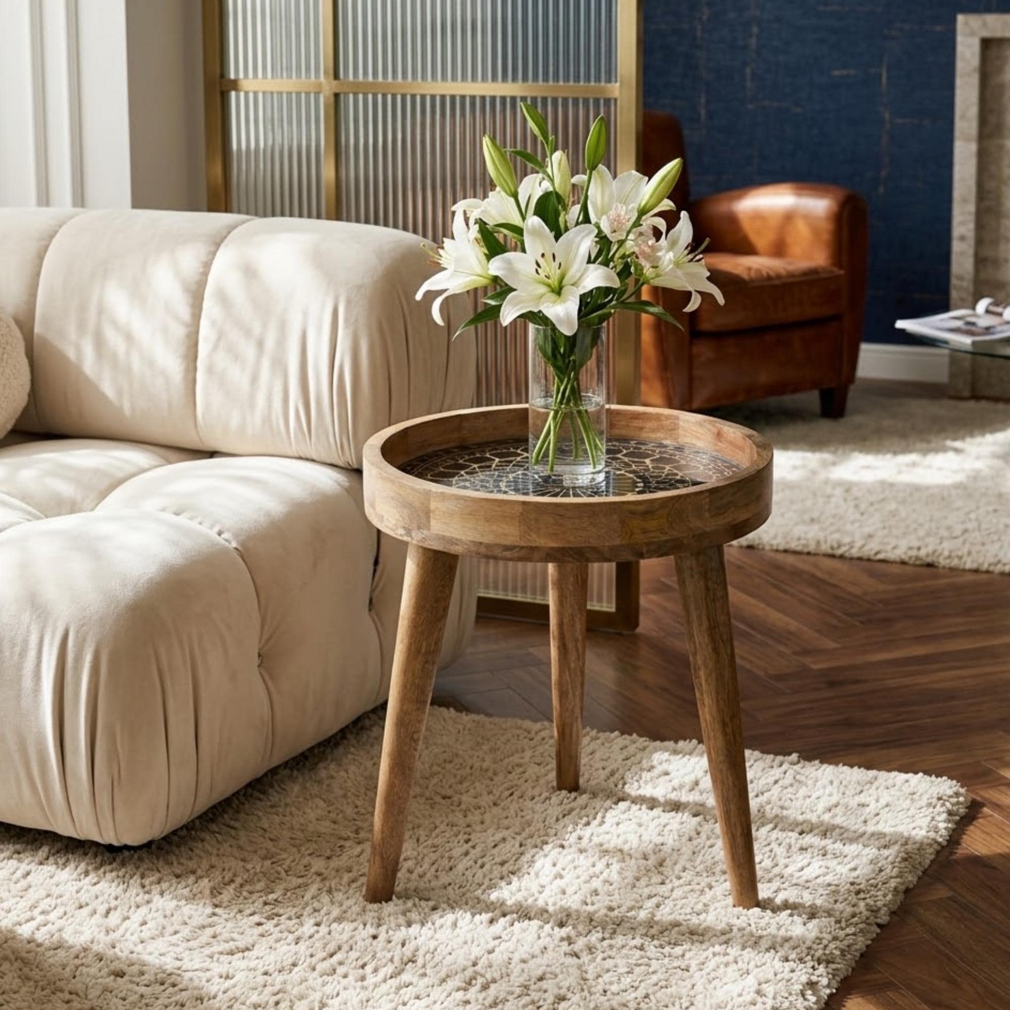 Handmade Mango Wood Side Table | Black Moroccan Mandala Boho Accent Furniture