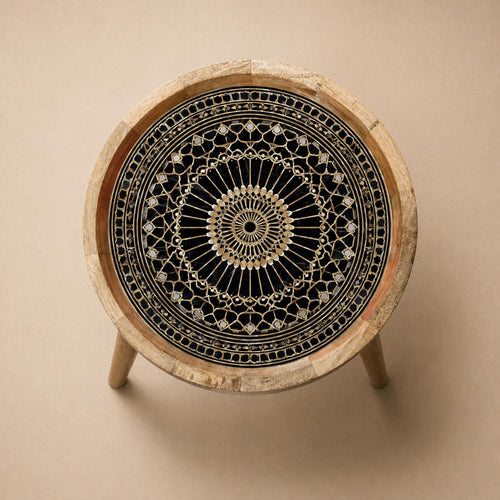 Black Gold Mandala Mango Wood Side Table | Moroccan Boho Accent Furniture