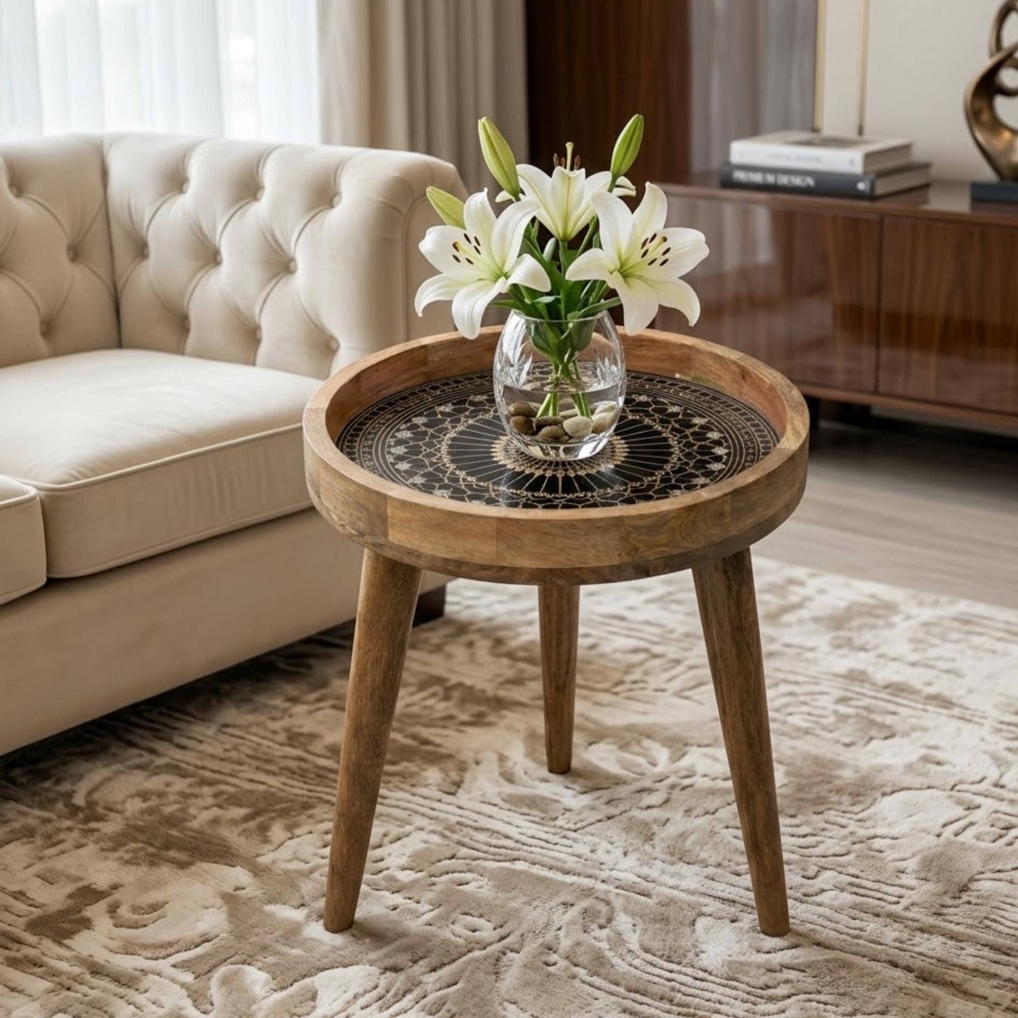 Black Gold Mandala Mango Wood Side Table | Moroccan Boho Accent Furniture