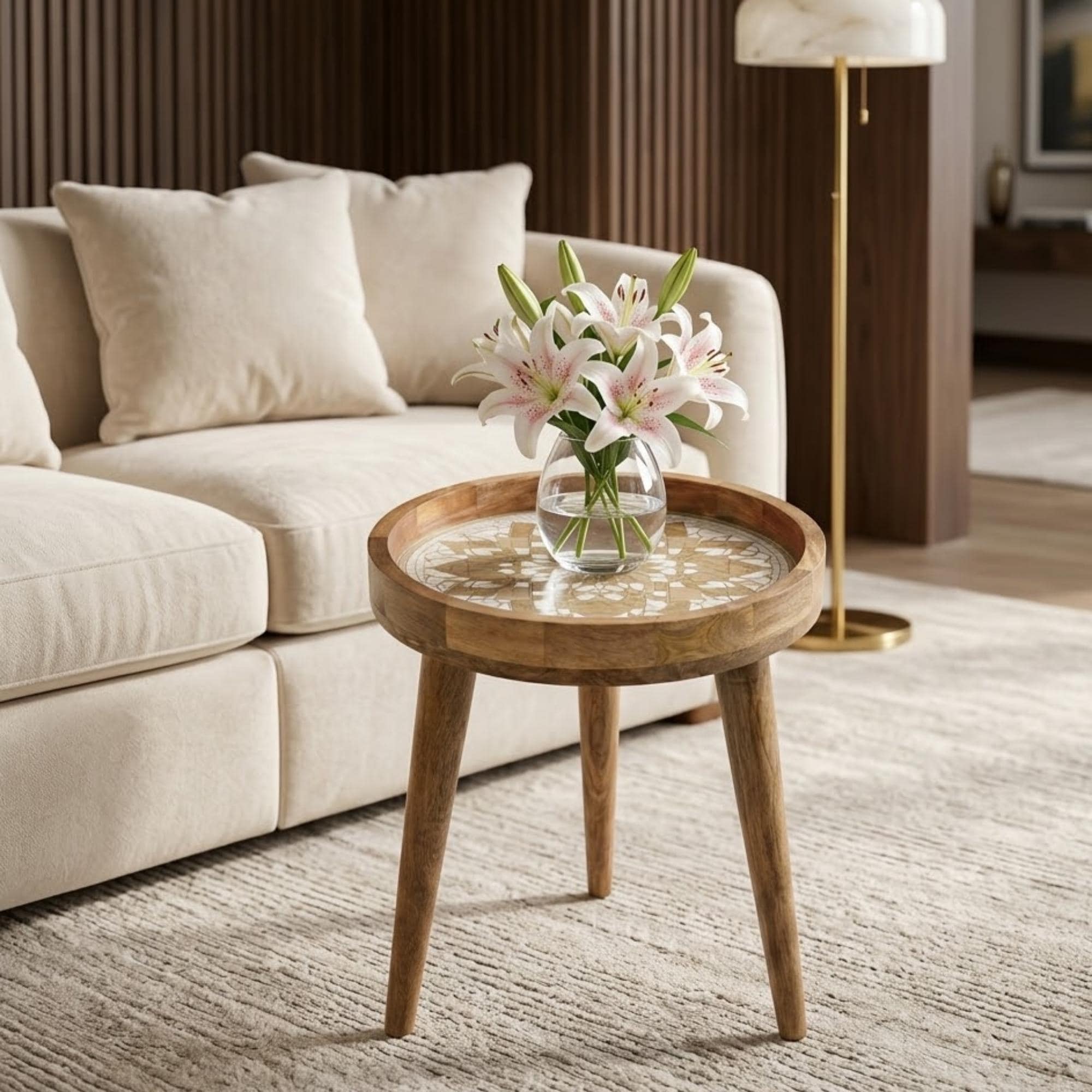 Handmade Mango Wood Side Table | Neutral Mandala Geometric Print, Boho Accent Furniture