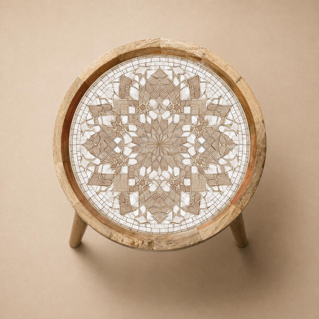 Handmade Mango Wood Side Table | Neutral Mandala Geometric Print, Boho Accent Furniture