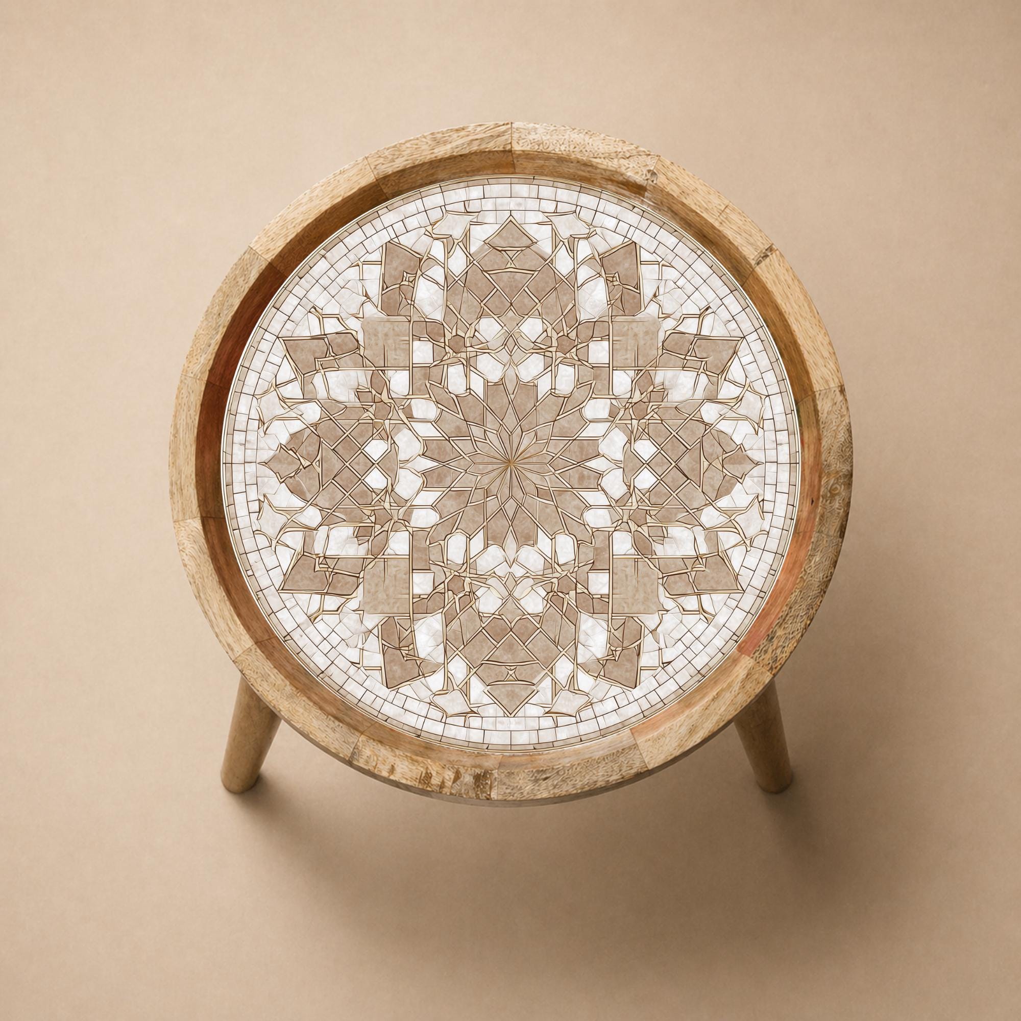 Handmade Mango Wood Side Table | Neutral Mandala Geometric Print, Boho Accent Furniture