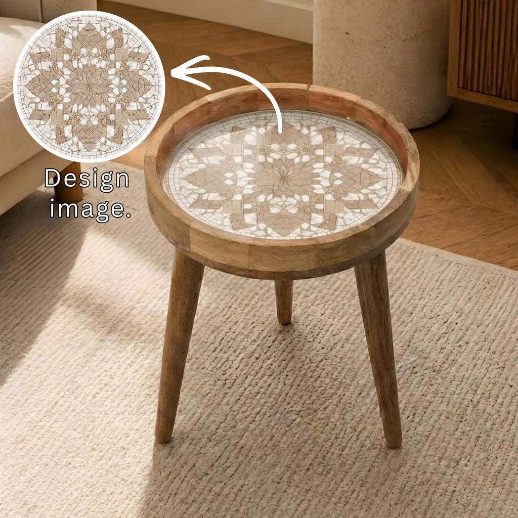 Handmade Mango Wood Side Table | Neutral Mandala Geometric Print, Boho Accent Furniture