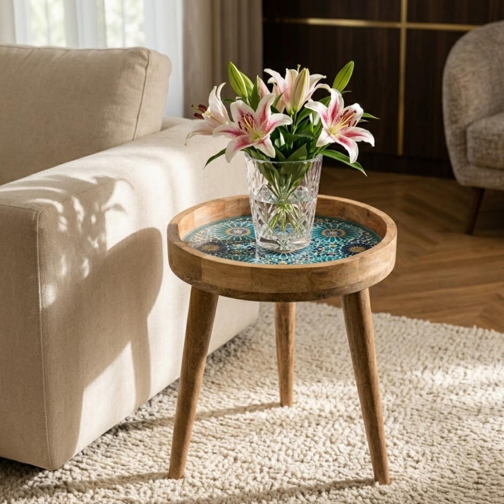 Handmade Turquoise Moroccan Mango Wood Side Table | Boho Mosaic Accent Furniture