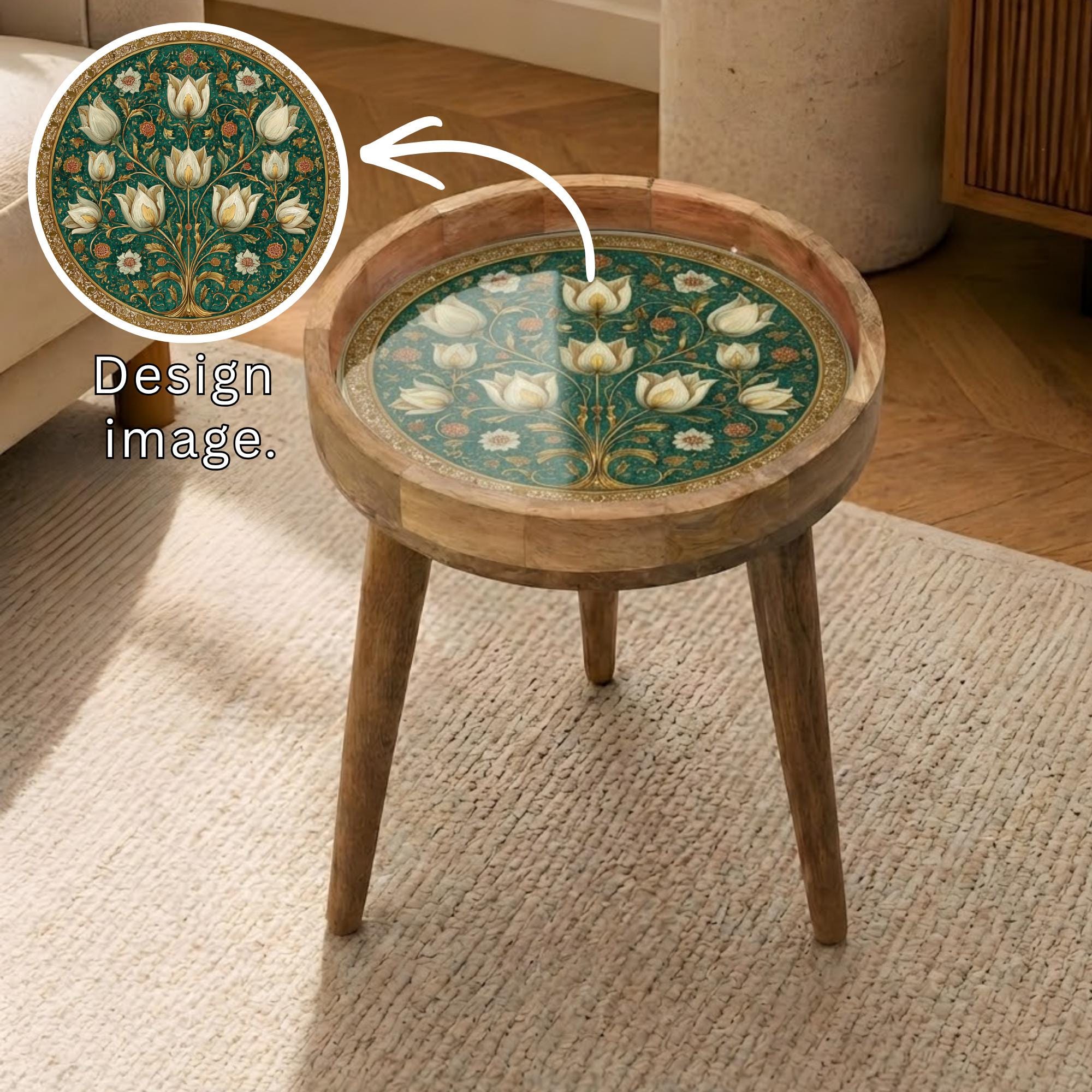 Handmade Mango Wood Side Table | Lotus Floral Botanical Accent Furniture