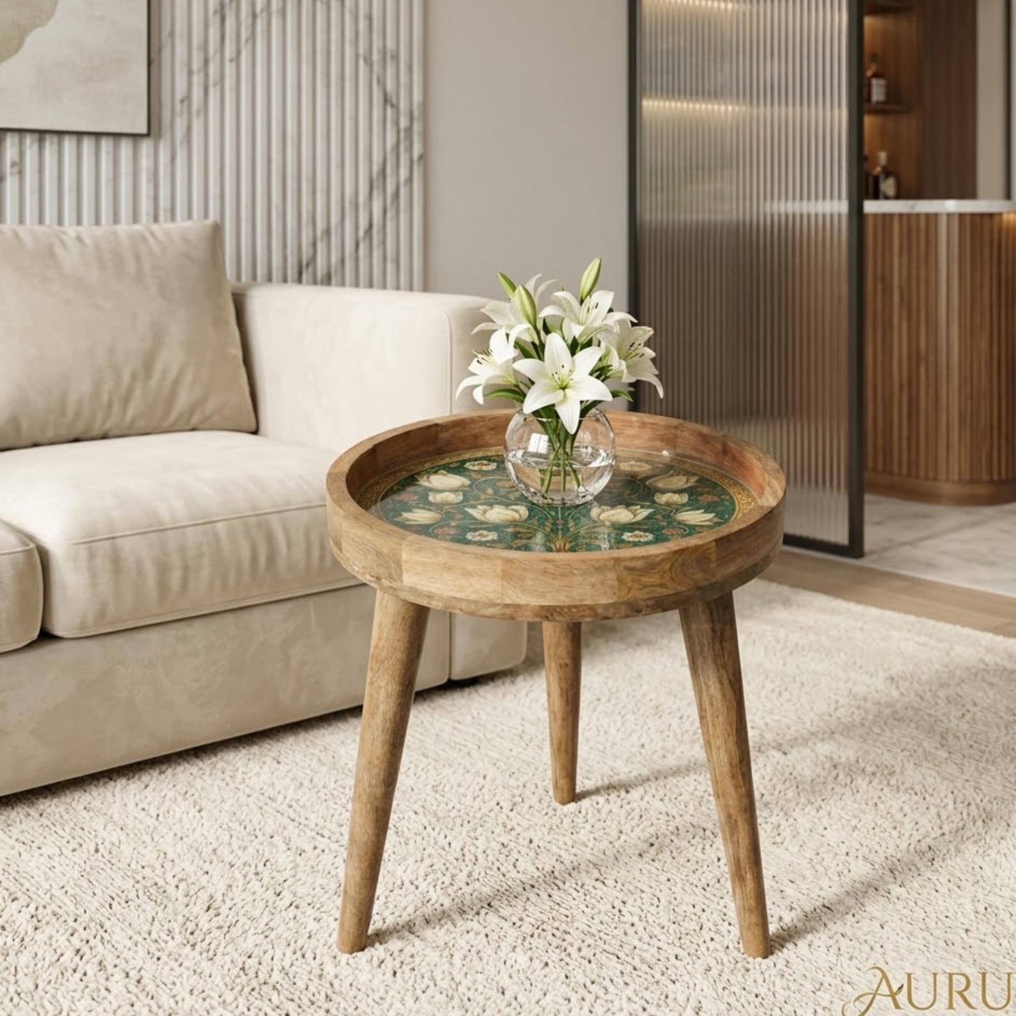 Handmade Mango Wood Side Table | Lotus Floral Botanical Accent Furniture