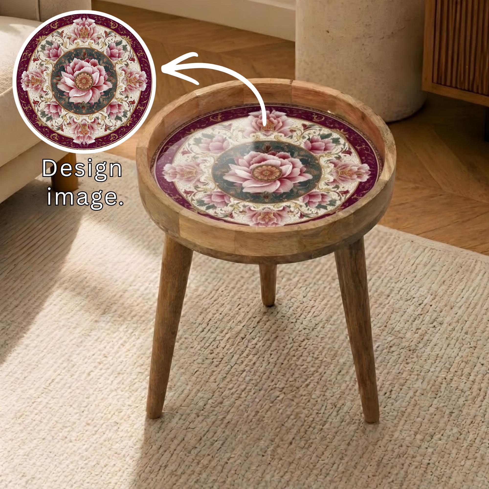 Pink Floral Mango Wood Side Table | Vintage Boho Accent Furniture, Handmade Decor