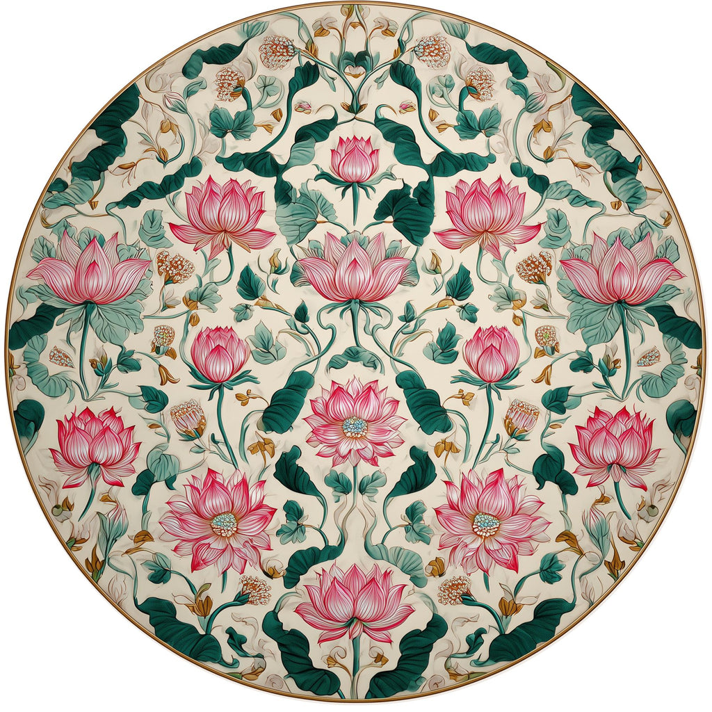 Lotus Floral Mango Wood Side Table | Printed Botanical Boho Accent Furniture
