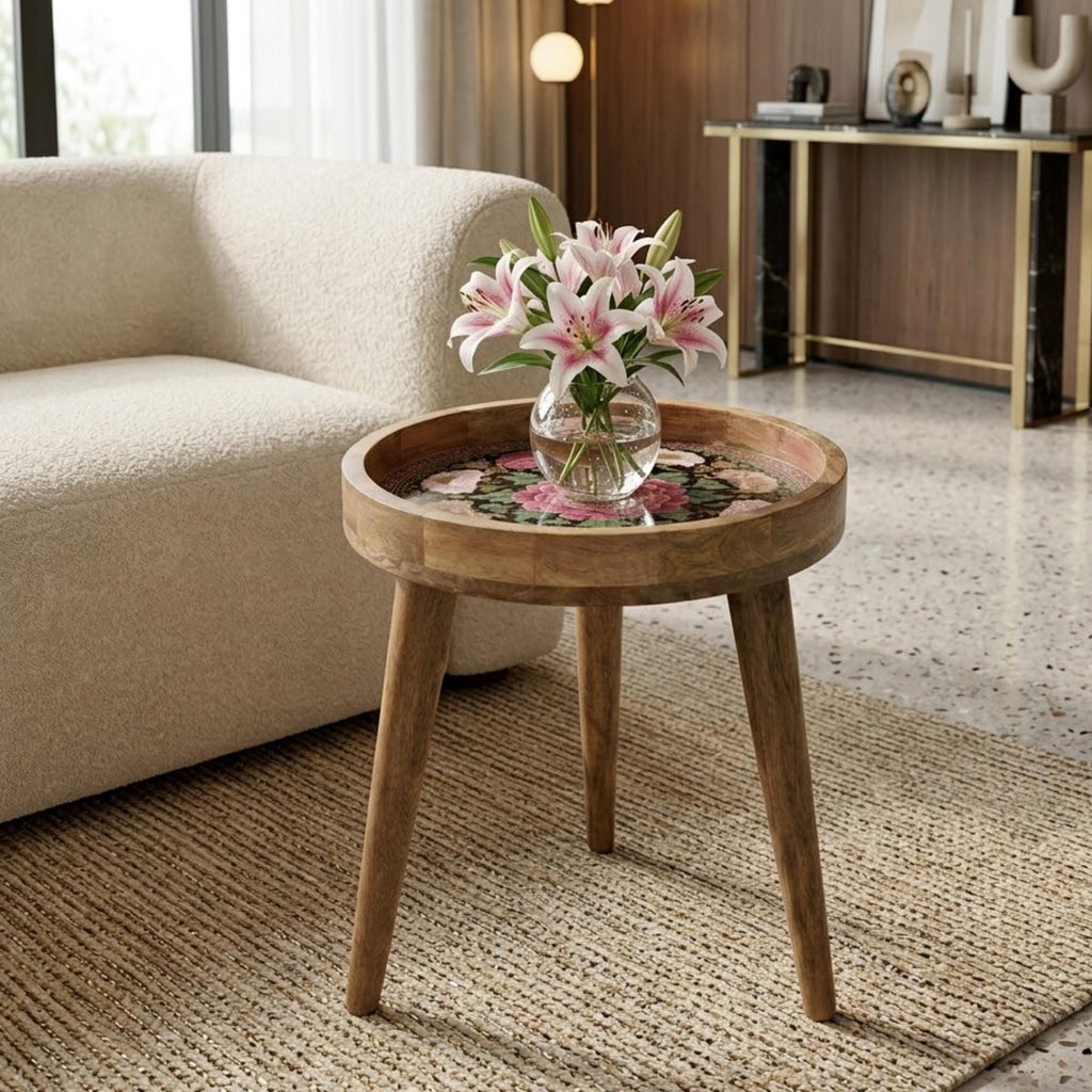 Floral Mango Wood Side Table | Pink Peony Printed Accent Furniture | Boho Living Room Decor