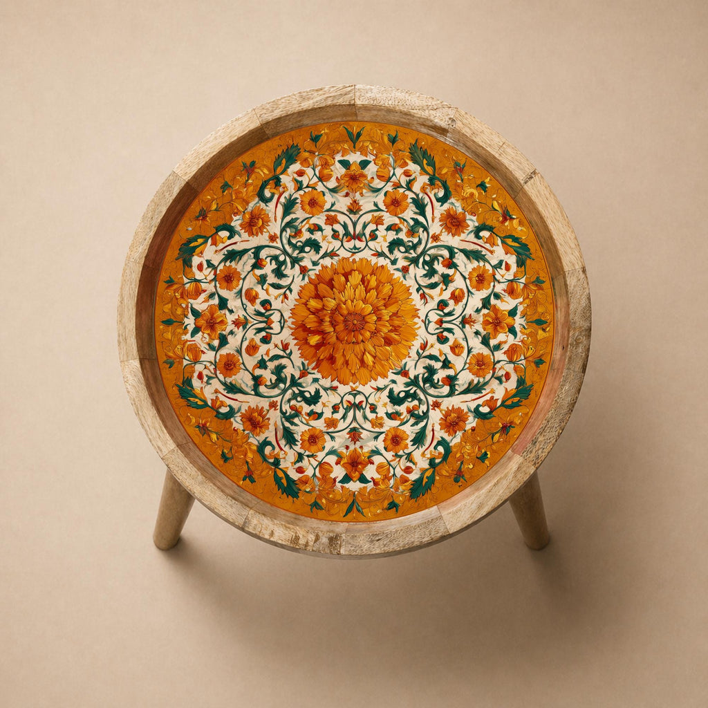 Orange Floral Mango Wood Side Table | Boho Botanical Accent Furniture