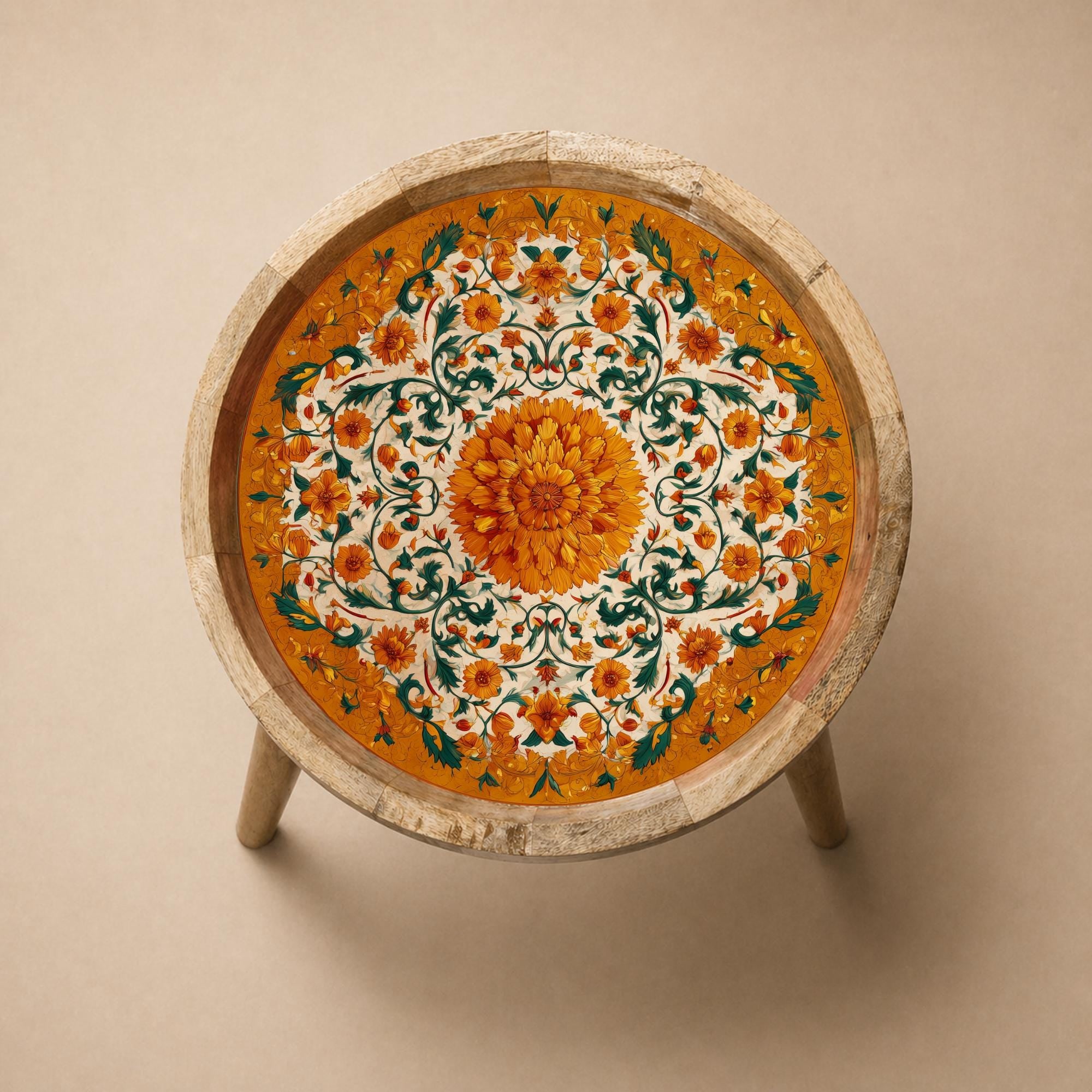 Orange Floral Mango Wood Side Table | Boho Botanical Accent Furniture