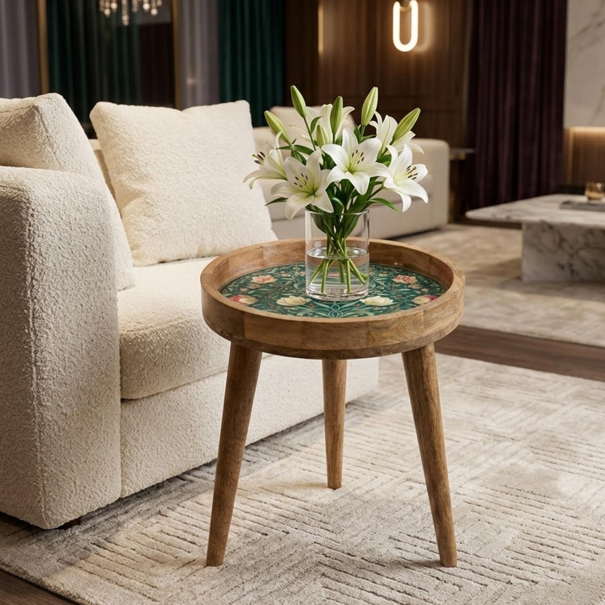 Lotus Bloom Mango Wood Side Table | Printed Botanical Boho Accent Furniture
