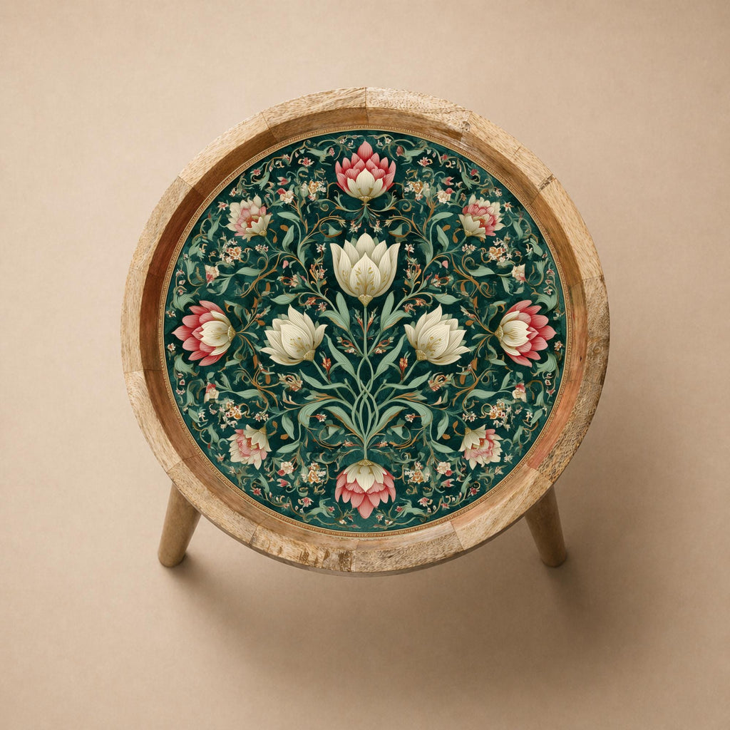 Lotus Bloom Mango Wood Side Table | Printed Botanical Boho Accent Furniture