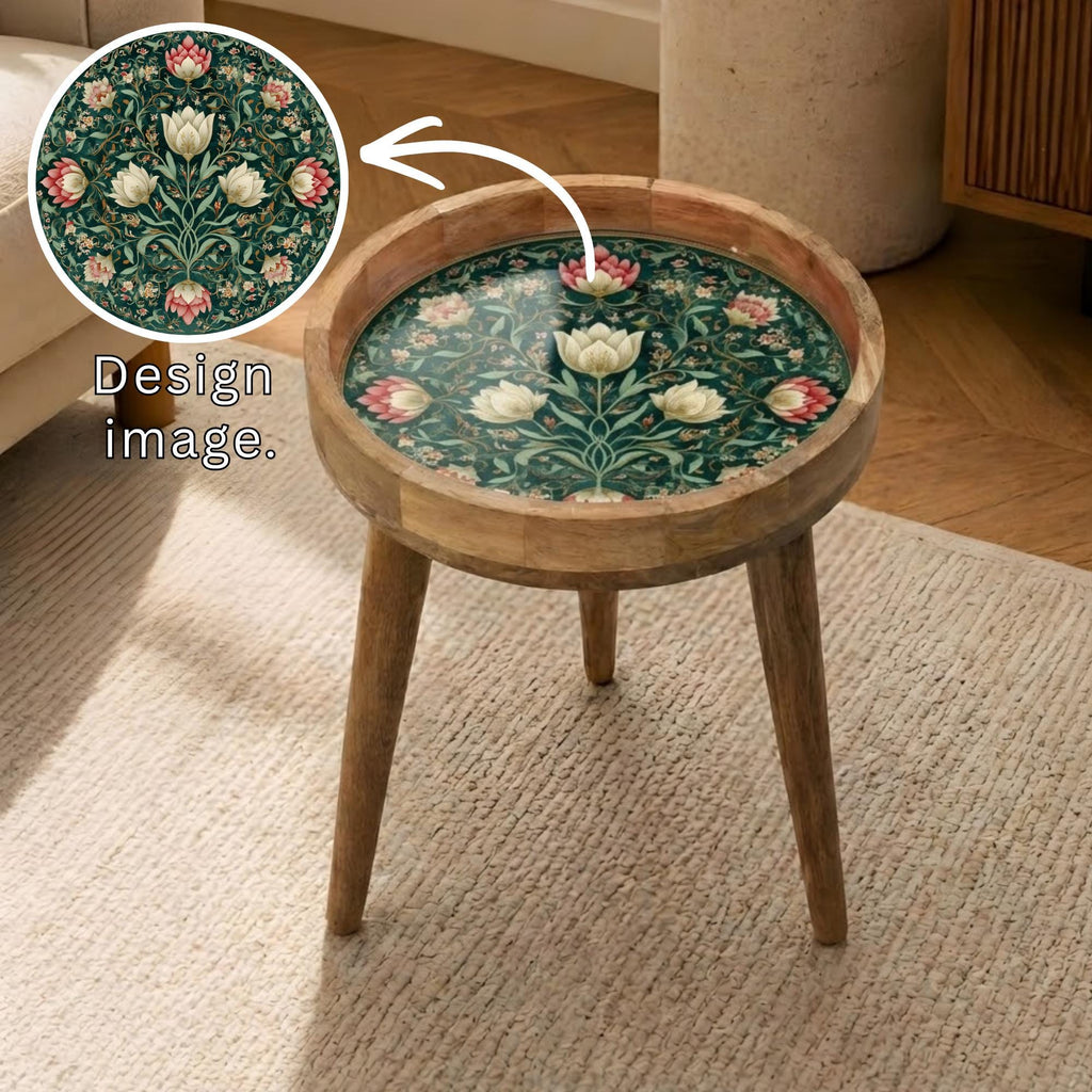 Lotus Bloom Mango Wood Side Table | Printed Botanical Boho Accent Furniture