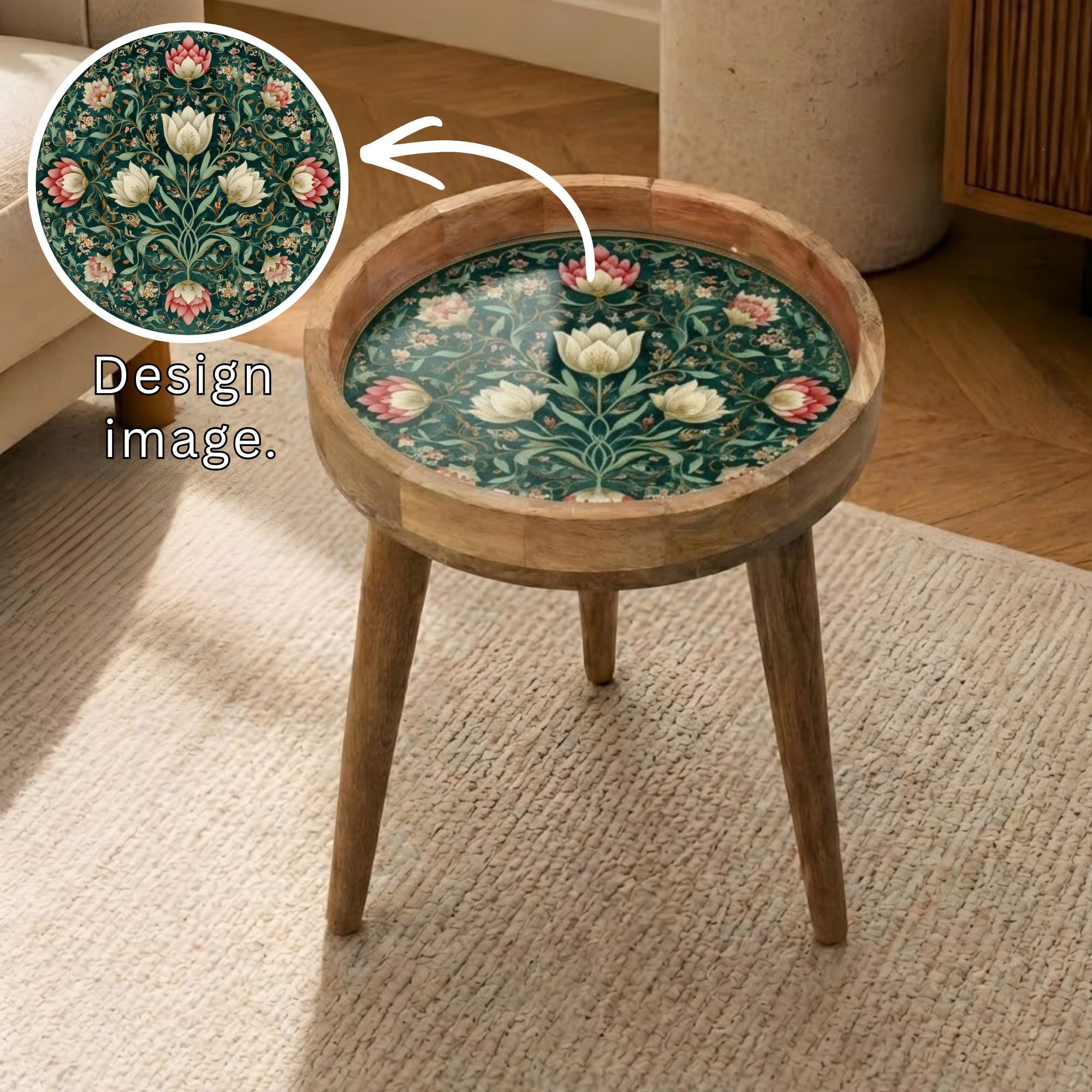Lotus Bloom Mango Wood Side Table | Printed Botanical Boho Accent Furniture