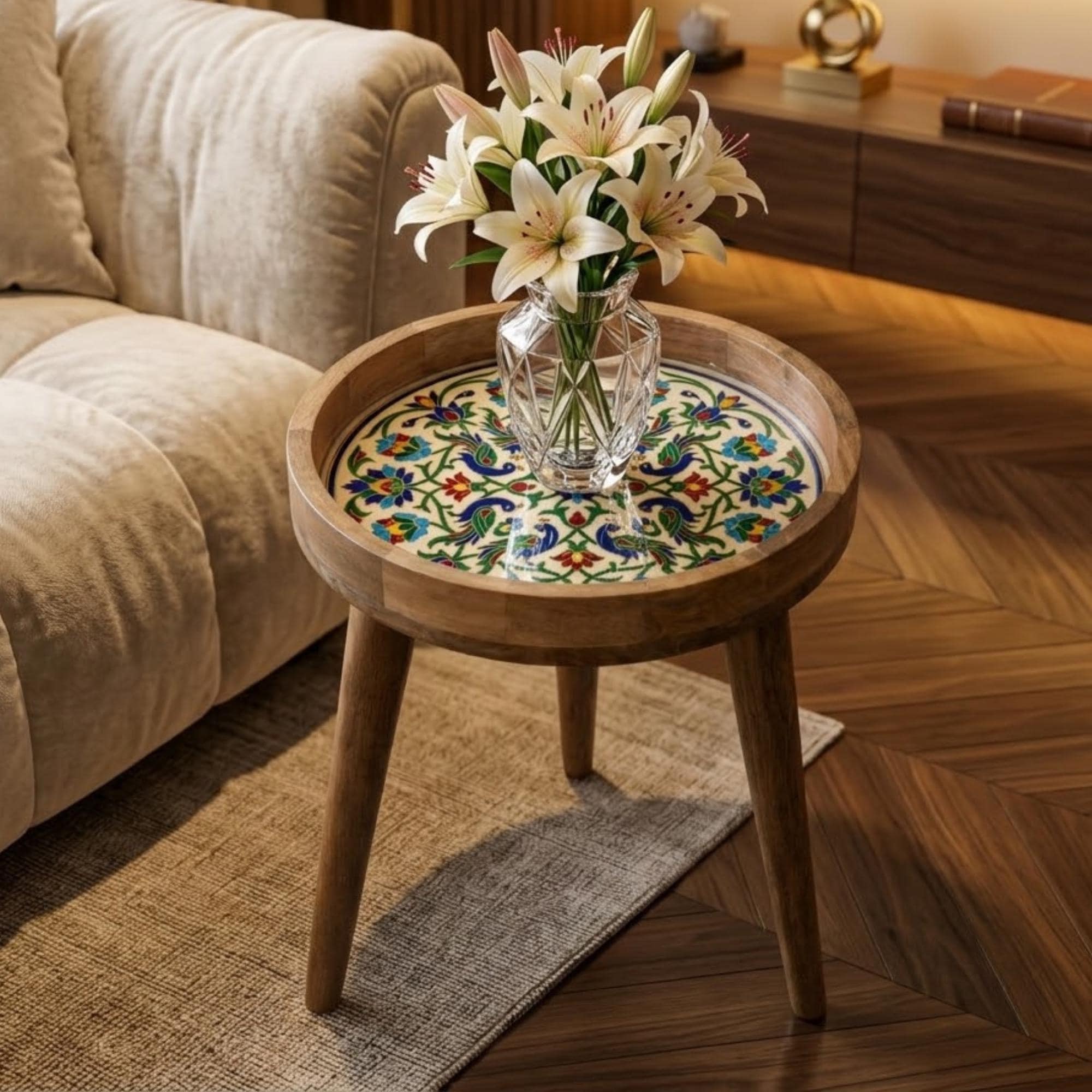 Handmade Printed Mango Wood Side Table | Round Boho Floral End Table | Decorative Accent Furniture