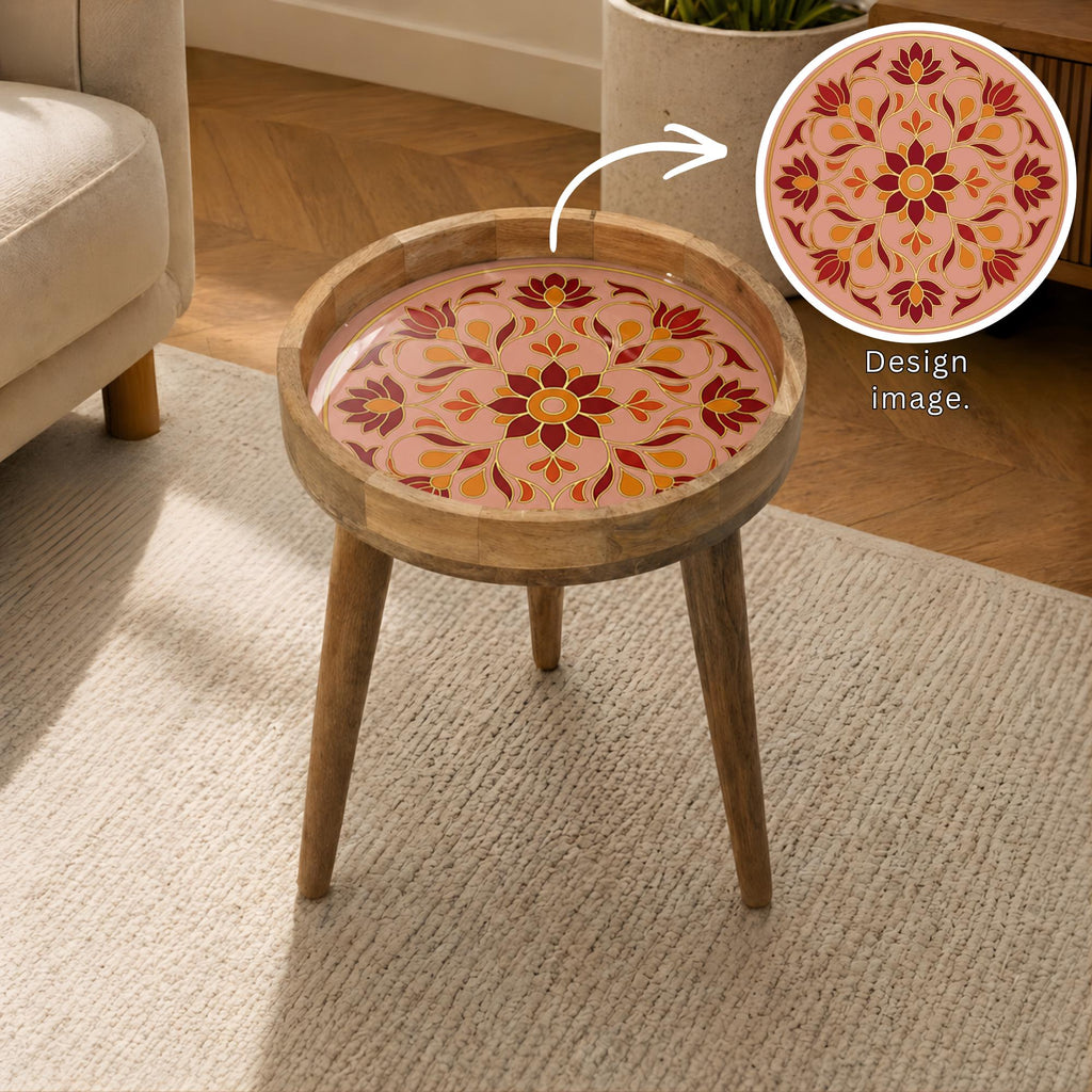 Handmade Pink Floral Mango Wood Round Side Table | Boho Accent Furniture