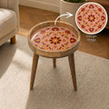 Handmade Pink Floral Mango Wood Round Side Table | Boho Accent Furniture