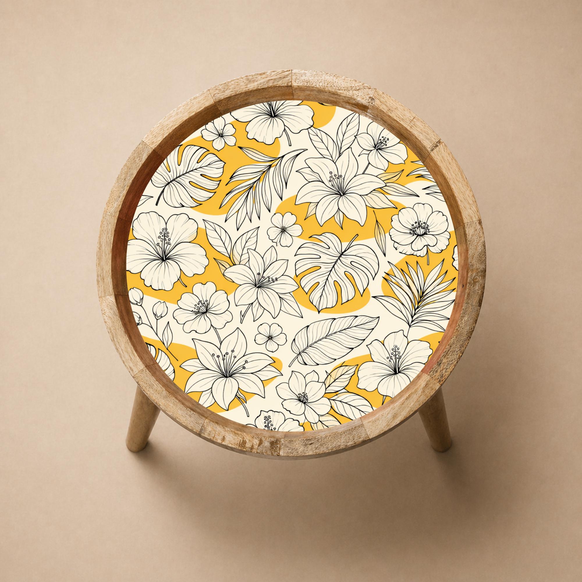 Handmade Printed Mango Wood Side Table | Yellow Floral Round End Table | Boho Accent Furniture