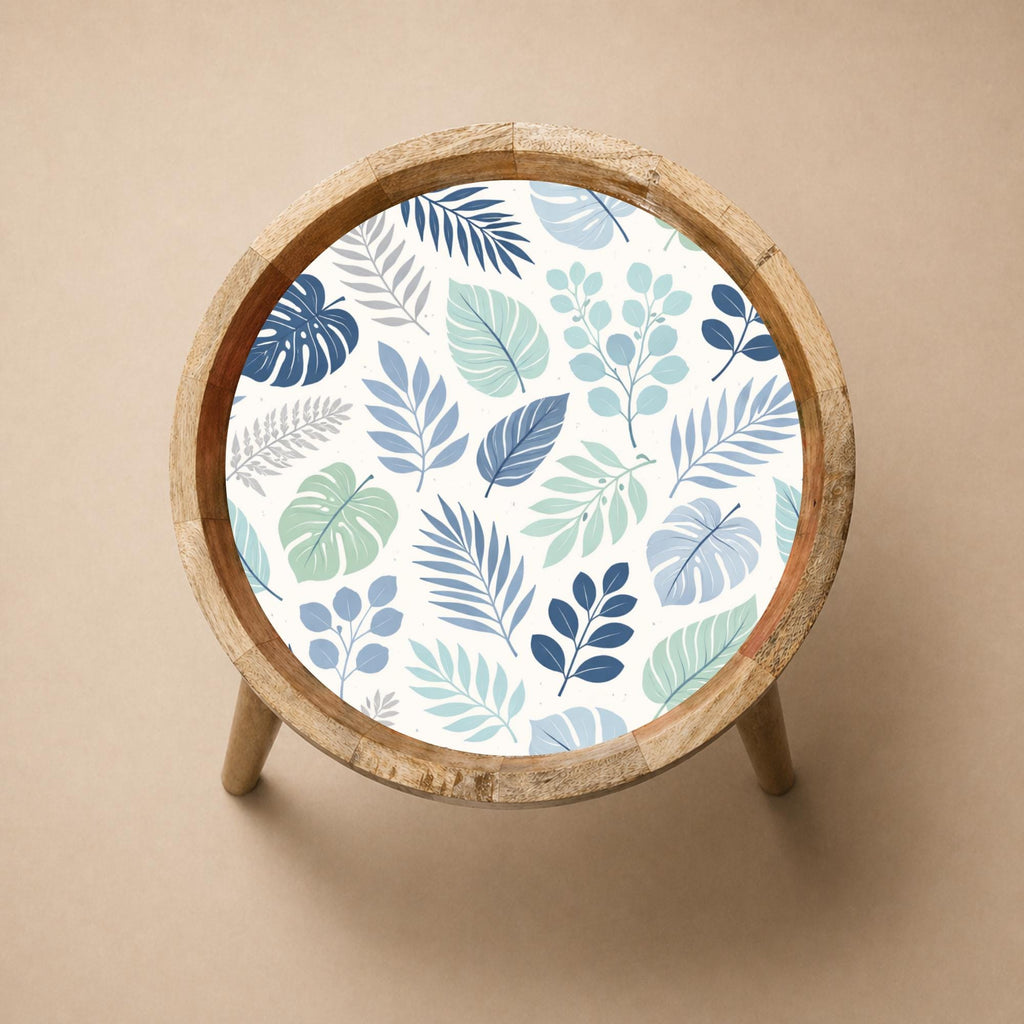 Handmade Printed Mango Wood Side Table | Botanical Leaf Round End Table | Boho Accent Furniture