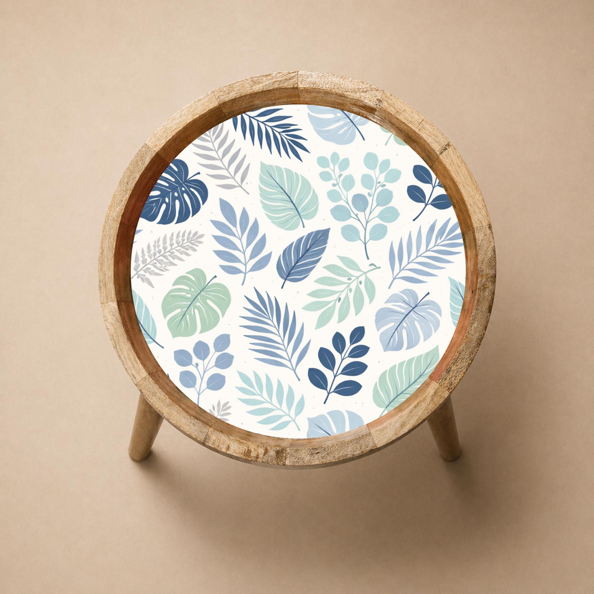 Handmade Printed Mango Wood Side Table | Botanical Leaf Round End Table | Boho Accent Furniture