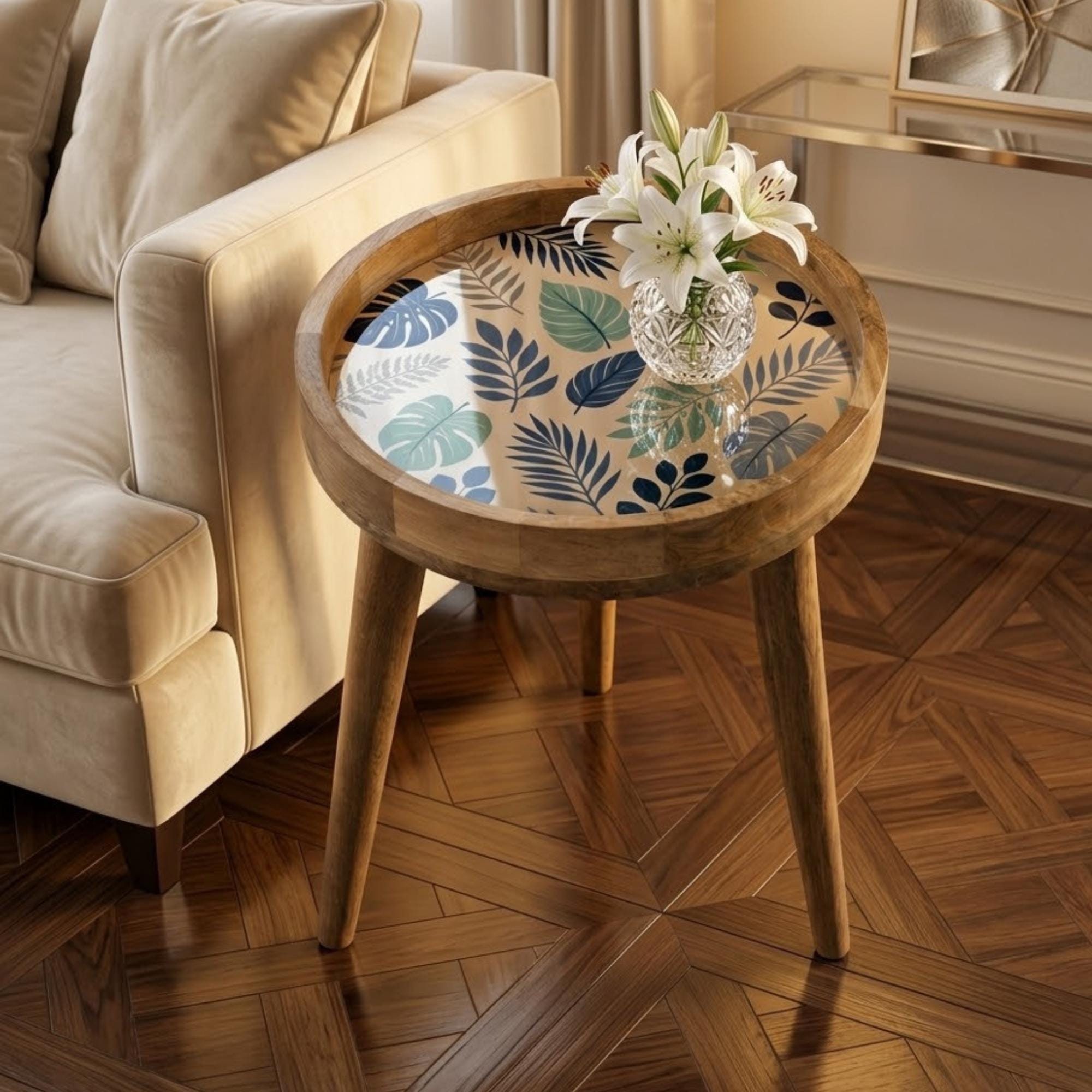 Handmade Printed Mango Wood Side Table | Botanical Leaf Round End Table | Boho Accent Furniture